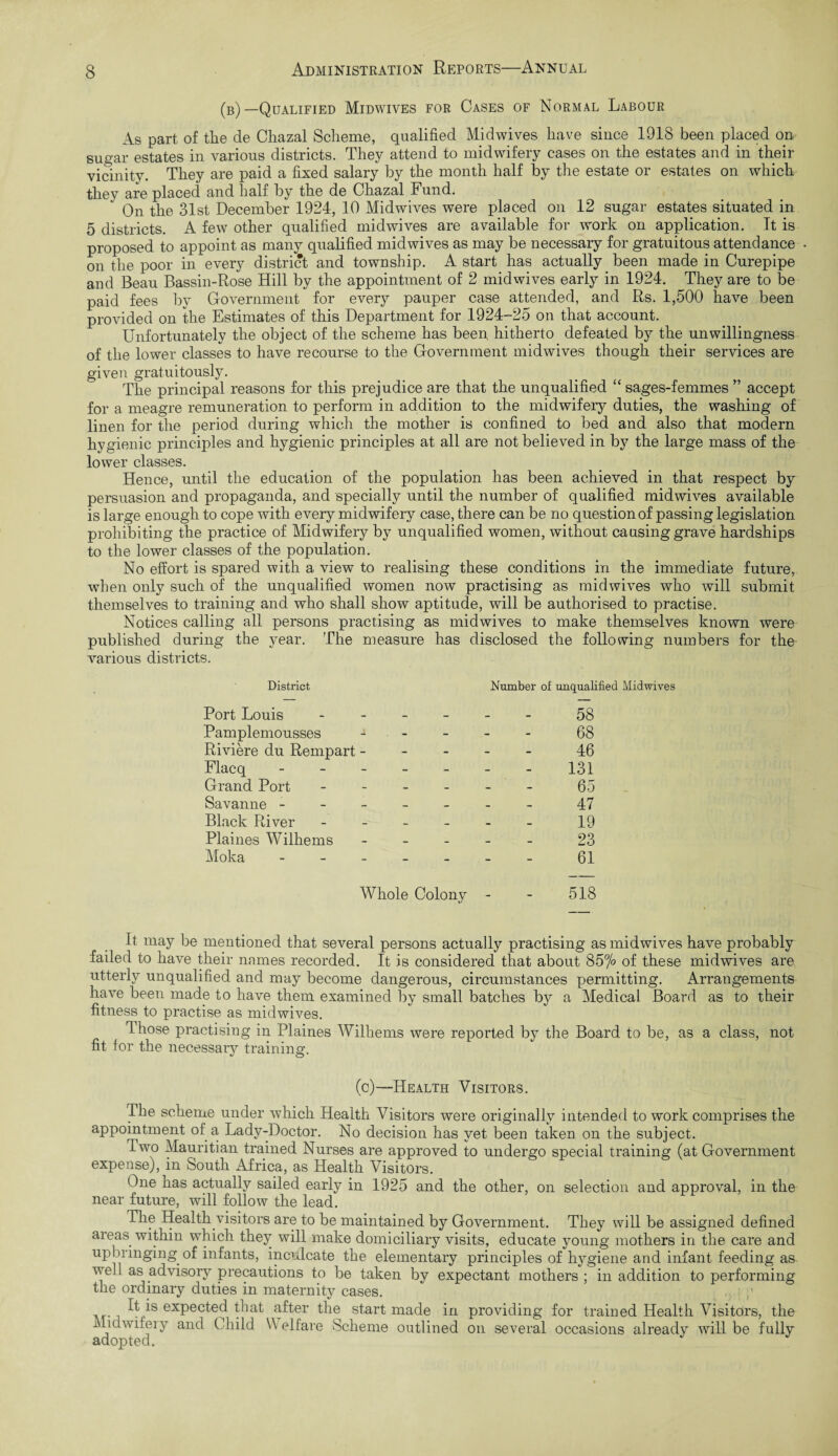 (b) —Qualified Midwives for Cases of Normal Labour As part of the de Chazal Scheme, qualified Midwives have since 1918 been placed on SUgar estates in various districts. They attend to midwifery cases on the estates and in their vicinity. They are paid a fixed salary by the month half by the estate or estates on which they are placed and half by the de Chazal Fund. On the 31st December 1924, 10 Midwives were placed on 12 sugar estates situated in 5 districts. A few other qualified midwives are available for work on application. It is proposed to appoint as many qualified mid wives as may be necessary for gratuitous attendance on the poor in every district and township. A start has actually been made in Curepipe and Beau Bassin-Rose Hill by the appointment of 2 midwives early in 1924. They are to be paid fees by Government for every pauper case attended, and Rs. 1,500 have been provided on the Estimates of this Department for 1924-25 on that account. Unfortunately the object of the scheme has been hitherto defeated by the unwillingness of the lower classes to have recourse to the Government midwives though their services are given gratuitously. The principal reasons for this prejudice are that the unqualified “ sages-femmes ” accept for a meagre remuneration to perform in addition to the midwifery duties, the washing of linen for the period during which the mother is confined to bed and also that modern hygienic principles and hygienic principles at all are not believed in by the large mass of the lower classes. Hence, until the education of the population has been achieved in that respect by persuasion and propaganda, and specially until the number of qualified midwives available is large enough to cope with every midwifery case, there can be no question of passing legislation prohibiting the practice of Midwifery by unqualified women, without causing grave hardships to the lower classes of the population. No effort is spared with a view to realising these conditions in the immediate future, when only such of the unqualified women now practising as midwives who will submit themselves to training and who shall show aptitude, will be authorised to practise. Notices calling all persons practising as midwives to make themselves known were published during the year. The measure has disclosed the following numbers for the various districts. District Number of unqualified Midwives Port Louis _ _ _ 58 Pamplemousses - - - - 68 Riviere du Rempart - - - - 46 Flacq - - - - 131 Grand Port - - - 65 Savanne - - - - - - - 47 Black River _ - _ 19 Plaines Wilhems _ - - 23 Moka - - - 61 Whole Colony - - 518 It may be mentioned that several persons actually practising as midwives have probably failed to have their names recorded. It is considered that about 857° of these midwives are utterly unqualified and may become dangerous, circumstances permitting. Arrangements have been made to have them examined by small batches by a Medical Board as to their fitness to practise as mid wives. Those practising in Plaines Wilhems were reported by the Board to be, as a class, not fit for the necessary training. (c)—Health Visitors. The scheme under which Health Visitors were originally intended to work comprises the appointment of a Lady-Doctor. No decision has yet been taken on the subject. I wo Mauritian trained Nurses are approved to undergo special training (at Government expense), in South Africa, as Health Visitors. One has actually sailed early in 1925 and the other, on selection and approval, in the near future, will follow the lead. The Health visitors are to be maintained by Government. They will be assigned defined areas within which they will make domiciliary visits, educate young mothers in the care and upbringing of infants, inculcate the elementary principles of hygiene and infant feeding as veil as advisory precautions to be taken by expectant mothers; in addition to performing the ordinary duties in maternity cases. R is expected that after the start made in providing for trained Health Visitors, the Midwifery and C hild Welfare Scheme outlined on several occasions already will be fully adopted. J