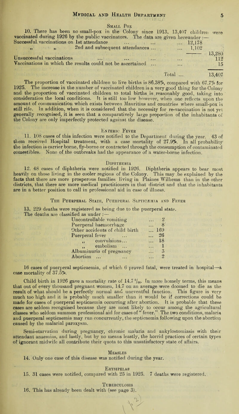 Small Pox 10. There has been no small-pox in the Colony since 1913. 13,407 children were vaccinated during 1926 by the public vaccinators. The data are given hereunder :— Successful.vaccinations on 1st attendance ... , ... ... 12,178 „ ■ „ 2nd and subsequent attendances ... ... 1,102 Unsuccessful vaccinations Vaccinations in which the results could not be ascertained — 13,280 112 15 Total ... 13,407 The proportion of vaccinated children to live births is 86.38%, compared with 67.7% for 1925. The increase in the number of vaccinated children is a very good thing for the Colony and the proportion of vaccinated children to total births is. reasonably good, taking into consideration the local conditions. It is still too low however, when one reflects upon the amount of communication which exists between Mauritius and countries where small-pox is still rife. In addition, when it is considered that the necessity for re-vaccination is not yet generally recognised, it is seen that a comparatively large proportion of the inhabitants of the Colony are only imperfectly protected against the disease. / .' 1 : * . . ■ ■ * ‘ ' i : ,) Enteric Fever 11. 108 cases of this infection were notified to the Department during the year. 43 of them received Hospital treatment, with a case mortality of 27.9%. In all probability the infection is carrier borne, fly-borne or contracted through the consumption of contaminated comestibles. None of the outbreaks had the appearance of a water-borne infection. Diphtheria 12. 48 cases of diphtheria were notified in 1926. Diphtheria appears to bear most heavily on those living in the cooler regions of the Colony. This may vbe explained by the facts that there are more prosperous families living in Plaines Wilhems than in the other districts, that there are more medical practitioners in that district and that the inhabitants are in a better position to call in professional aid in case of illness. The Puerperal State, Puerperal Septicaemia and Fever 13. 229 deaths were registered as being due to the puerperal state. The deaths are classified as under :— Uncontrollable vomiting 2 Puerperal haemorrhage ... 8 Other accidents of child birth ... 169 Puerperal fever ... 26 ,, convulsions... ... 18 ,, embolism 1 Albuminuria of pregnancy ... 3 Abortion ... ... 2 16 cases of puerperal septicaemia, of which 6 proved fatal, were treated in hospital—a case mortality of 37.57°. Child birth in 1926 gave a mortality rate of 14.7 °/oo- In more homely terms, this means that out of every thousand pregnant women, 14.7 on an average were doomed to die as the result of what should be a perfectly normal and uneventful function. This figure is very much too high and it is probably much smaller than it would be if corrections could be made for cases of puerperal septicaemia occurring after abortion. It is probable that these cases are seldom recognised because they are most likely to occur among the agricultural classes who seldom summon professional aid for cases of “ fever.” The two conditions, malaria and puerperal septicaemia may run concurrently, the septicaemia following upon the abortiop caused by the malarial paroxysm. Semi-starvation during pregnancy, chronic malaria and ankylostomiasis with their attendant anaemias, and lastly, but by no means leastly, the horrid practices of certain types of ignorant midwife all contribute their quota to this unsatisfactory state of affairs. Measles 14. Only one case of this disease was notified during the year. Erysipelas 15. 31 cases were notified, compared with 25 in 1925. 7 deaths were registered. Tuberculosis 16. This has already been dealt with (see page 3).