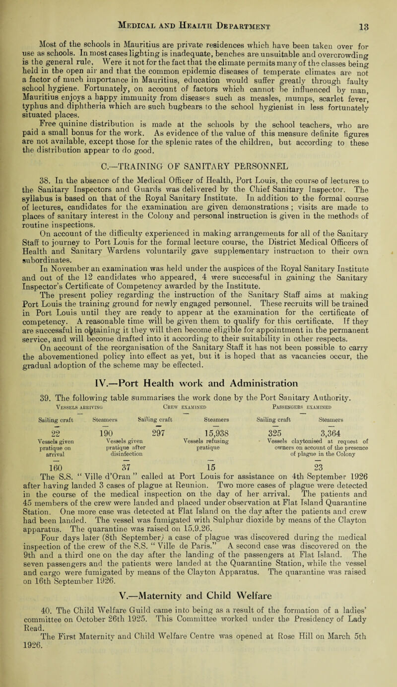 Most of the schools in Mauritius are private residences which have been taken over for use as schools. In most cases lighting is inadequate, benches are unsuitable and overcrowding is the general rule, Were it not for the fact that the climate permits many of the classes being held in the open air and that the common epidemic diseases of temperate climates are not a factor of much importance in Mauritius, education would suffer greatly through faulty school hygiene. Fortunately, on account of factors which cannot be influenced by man, Mauritius enjoys a happy immunity from diseases such as measles, mumps, scarlet fever', typhus and diphtheria which are such bugbears to the school hygienist in less fortunately situated places. Free quinine distribution is made at the schools by the school teachers, who are paid a small bonus for the work. As evidence of the value of this measure definite figures are not available, except those for the splenic rates of the children, but according to these the distribution appear to do good. C.—TRAINING OF SANITARY PERSONNEL 38. In the absence of the Medical Officer of Health, Port Louis, the course of lectures to the Sanitary Inspectors and Guards was delivered by the Chief Sanitary Inspector. The syllabus is based on that of the Royal Sanitary Institute. In addition to the formal course of lectures, candidates for the examination are given demonstrations ; visits are made to places of sanitary interest in the Colony and personal instruction is given in the methods of routine inspections. On account of the difficulty experienced in making arrangements for all of the Sanitary Staff to journey to Port Louis for the formal lecture course, the District Medical Officers of Health and Sanitary Wardens voluntarily gave supplementary instruction to their own subordinates. In November an examination was held under the auspices of the Royal Sanitary Institute and out of the 12 candidates who appeared, 4 were successful in gaining the Sanitary Inspector’s Certificate of Competency awarded by the Institute. The present policy regarding the instruction of the Sanitary Staff aims at making Port Louis the training ground for newly engaged personnel. These recruits will be trained in Port Louis until they are ready to appear at the examination for the certificate of competency. A reasonable time will be given them to qualify for this certificate. If they are successful in obtaining it they will then become eligible for appointment in the permanent service, and will become drafted into it according to their suitability in other respects. On account of the reorganisation of the Sanitary Staff it has not been possible to carry the abovementioned policy into effect as yet, but it is hoped that as vacancies occur, the gradual adoption of the scheme may be effected. IV.—Port Health work and Administration 39. The following table summarises the work done by the Port Sanitary Authority. Vessels arriving Crew examined Passengers examined Sailing craft Steamers Sailing craft Steamers Sailing craft Steamers 22 190 297 15,938 Vessels given Vessels given Vessels refusing- pratique on arrival pratique after disinfection pratique 325 3,364 Vessels claytonised at request of owners on account of the presence of plague in the Colony 160 37 15 23 The S.S. “ Ville d’Oran ” called at Port Louis for assistance on 4th September 1926 after having landed 3 cases of plague at Reunion. Two more cases of plague were detected in the course of the medical inspection on the day of her arrival. The patients and 45 members of the crew were landed and placed under observation at Flat Island Quarantine Station. One more case was detected at Flat Island on the day after the patients and crew had been landed. The vessel was fumigated with Sulphur dioxide by means of the Clayton apparatus. The quarantine was raised on 15.9.26. Four days later (8th September; a case of plague was discovered during the medical inspection of the crew of the S.S. “ Ville de Paris.” A second case was discovered on the 9th and a third one on the day after the landing of the passengers at Flat Island. The seven passengers and the patients were landed at the Quarantine Station, while the vessel and cargo were fumigated by means of the Clayton Apparatus. The quarantine was raised on 16th September 1926. V.—Maternity and Child Welfare 40. The Child Welfare Guild came into being as a result of the formation of a ladies’ committee on October 26th 1925. This Committee worked under the Presidency of Lady Read. The First Maternitv and Child Welfare Centre was opened at Rose Hill on March 5th 1926.