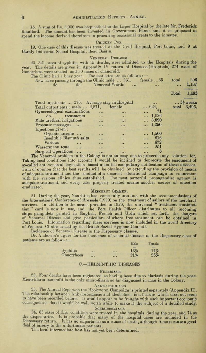 18. A sum of Rs. 2,000 was bequeathed to the Leper Hospital by the late Mr. Frederick Rouillard. The amount has been invested in Government b unds and it is proposed to spend the income derived therefrom in procuring occasional treats to the inmates. Chicken Pox 19. One case of this disease was treated at the Civil Hospital, Port Louis, and 9 at Barkly Industrial School Hospital, Beau Bassin. Venereal Diseases 20. 321 cases of syphilis, with 15 deaths, were admitted to the Hospitals during the year. The details are given in Appendix IV return of Diseases (Hospitals) 274 cases of Gonorrhoea were treated, and 30 cases of chancroid. The Clinic had a busy year. The statistics are as follows :— New cases passing through the Clinic male ... 231, female ...65 total 296 do. do. Venereal Wards ... ... ... 1,187 Total 1,483 Total inpatients ... 276. Average stay in Hospital • • • ... 3^ weeks Total outpatients ; male ... 2,871, female ... 624, total 3,495* Gynoecological examinations 71 do. treatments ... 1,026 Male urethral irrigations ... 3,890 Prostatic massages ... 1,250 Injections given : Organic arsenic ... ... 1,500 Insoluble Bismuth salts ... 816 Various ... 672 Wassermann tests ... 251 Surgical Operations ... 8 The Venereal problem in the Colony is not an easy one to prescribe any solution for. Taking local conditions into account 1 would be inclined to deprecate the enactment of so-called anti-veriereal legislation based upon the compulsory notification of these diseases. I am of opinion that the best results will be obtained by extending the provision of means of adequate treatment and the conduct of a discreet educational campaign in connection with the various clinics thus established. The most powerful propagandist agency is adequate treatment, and every case properly treated means another source of infection eradicated. Merchant Seamen. 21. During the year, Mauritius has come fully into line with the recommendations of the International Conference of Brussels (1920) on the treatment of sailors of the merchant services. In addition to the means provided in 1926, the universal “ treatment continua¬ tion ” card is now in use, and the Port Health Officer distributes to all incoming ships pamphlets printed in English, French and Urdu which set forth the dangers of Venereal Disease and give particulars of where free treatment can be obtained in Port Louis. Information regarding these services is now included in the world directory of Venereal Clinics issued by the British Social Hygiene Council. Incidence of Venereal Disease in the Dispensary classes. Dr. Anderson’s figure for the incidence of venereal disease in the Dispensary class of patients are as follows :— Male Female Syphilis 13% 14% Gonorrhoea 21% 25% C.- -HELMINTHIC DISEASES Filiariasis 22. Four deaths have been registered as having been due to filariasis during the year. Micro-filaria bancrofti is the only micro-filaria so far diagnosed in man in the Colony. Ankylostomiasis 23. The Annual Report on the Hookworm Campaign is printed separately (Appendix II). The relationship between Ankylostomiasis and alcoholism is a feature which does not seem to have been recorded before. It would appear to be fraught with such important economic consequences that it would be well worth while to make it the subject of a detailed study. Schistosomiasis 24. 63 cases of this condition were treated in the hospitals during the year, and 74 at the dispensaries. It is probable that many of the hospital cases are included in the Dispensary return. It has no importance as a cause of death, although it must cause a good deal of misery to the unfortunate patients. The local intermediate host has not yet been determined.