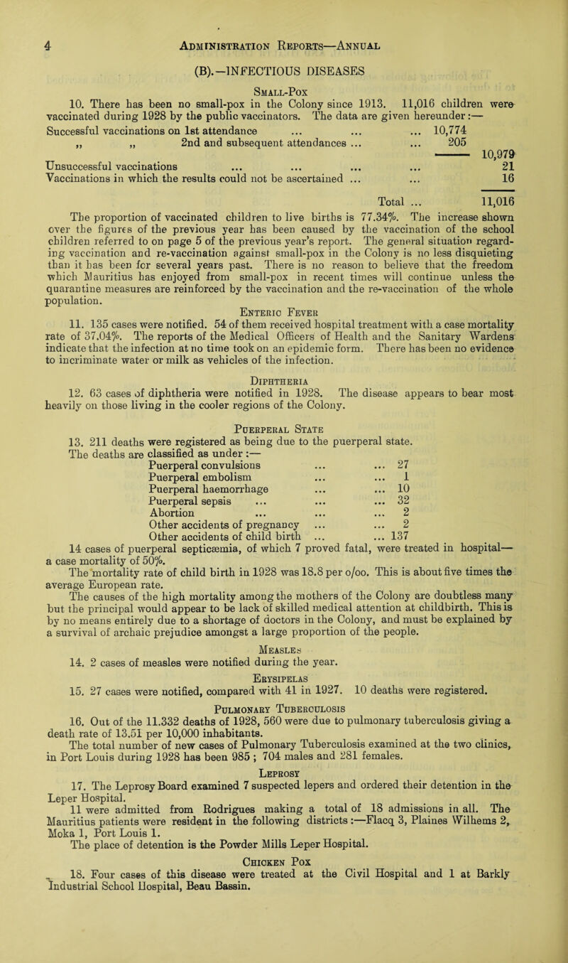 (B).-INFECTIOUS DISEASES Small-Pox 10. There has been no small-pox in the Colony since 1913. 11,016 children were vaccinated during 1928 by the public vaccinators. The data are given hereunder:— Successful vaccinations on 1st attendance ... ... ... 10,774 „ „ 2nd and subsequent attendances ... ... 205 - 10,979 Unsuccessful vaccinations ... ... ... ... 21 Vaccinations in which the results could not be ascertained ... ... 16 Total ... 11,016 The proportion of vaccinated children to live births is 77.34%. The increase shown over the figures of the previous year has been caused by the vaccination of the school children referred to on page 5 of the previous year’s report. The general situation regard¬ ing vaccination and re-vaccination against small-pox in the Colony is no less disquieting than it has been for several years past. There is no reason to believe that the freedom which Mauritius has enjoyed from small-pox in recent times will continue unless the quarantine measures are reinforced by the vaccination and the re-vaccination of the whole population. Enteric Fever 11. 135 cases were notified. 54 of them recei ved hospital treatment with a case mortality rate of 37.04%. The reports of the Medical Officers of Health and the Sanitary Wardens indicate that the infection at no time took on an epidemic form. There has been no evidence to incriminate water or milk as vehicles of the infection. Diphtheria 12. 63 cases of diphtheria were notified in 1928. The disease appears to bear most heavily on those living in the cooler regions of the Colony. Puerperal State 13. 211 deaths were registered as being due to the puerperal state. The deaths are classified as under :— Puerperal convulsion s ... 27 Puerperal embolism ... 1 Puerperal haemorrhage ... 10 Puerperal sepsis ... 32 Abortion ... 2 Other accidents of pregnancy ... 2 Other accidents of child birth ... 137 14 cases of puerperal septicaemia, of which 7 proved fatal, were treated in hospital— a case mortality of 507°. The mortality rate of child birth in 1928 was 18.8 per o/oo. This is about five times the average European rate. The causes of the high mortality among the mothers of the Colony are doubtless many but the principal would appear to be lack of skilled medical attention at childbirth. This is by no means entirely due to a shortage of doctors in the Colony, and must be explained by a survival of archaic prejudice amongst a large proportion of the people. Measles 14. 2 cases of measles were notified during the year. Erysipelas 15. 27 cases were notified, compared with 41 in 1927. 10 deaths were registered. Pulmonary Tuberculosis 16. Out of the 11.332 deaths of 1928, 560 were due to pulmonary tuberculosis giving a death rate of 13,51 per 10,000 inhabitants. The total number of new cases of Pulmonary Tuberculosis examined at the two clinics, in Port Louis during 1928 has been 985 ; 704 males and 281 females. Leprosy 17. The Leprosy Board examined 7 suspected lepers and ordered their detention in the Leper Hospital. 11 were admitted from Rodrigues making a total of 18 admissions in all. The Mauritius patients were resident in the following districts :—Flacq 3, Plaines Wilhems 2, Moka 1, Port Louis 1. The place of detention is the Powder Mills Leper Hospital. Chicken Pox 18. Four cases of this disease were treated at the Civil Hospital and 1 at Barkly Industrial School Hospital, Beau Bassin.