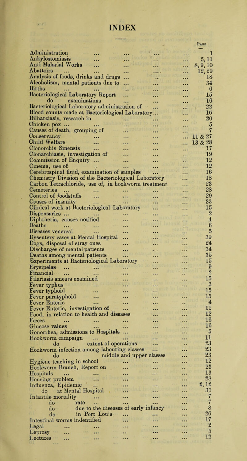 INDEX Administration Ankylostomiasis Anti Malarial Works Abattoirs Analysis of foods, drinks and drugs Alcoholism, mental patients due to Births Bacteriological Laboratory Report do examinations Bacteriological Laboratory administration of Blood counts made at Bacteriological Laboratory Bilharziasis, research in Chicken pox ... Causes of death, grouping of Conservancy Child Welfare Clonorchis Sinensis Clonarchiasis, investigation of Commission of Enquiry ... Cinema, use of Cerebrospinal fluid, examination of samples Chemistry Division of the Bacteriological Laboratory Carbon Tetrachloride, use of, in hookworm treatment Cemeteries Control of foodstuffs Causes of insanity Clinical work at Bacteriological Laboratory Dispensaries ... Diphtheria, causes notified Deaths Diseases venereal Dysentery cases at Mental Hospital ... Dogs, disposal of stray ones Discharges of mental patients Deaths among mental patients Experiments at Bacteriological Laboratory Erysipelas Financial Filariasis smears examined Fever typhus Fever typhoid Fever paratyphoid Fever Enteric Fever Enteric, investigation of Food, in relation to health and diseases Fasces ... ... ••• Glucose values Gonorrhea, admissions to Hospitals ... Hookworm campaign do extent of operations Hookworm infection among labouring classes do middle and upper classes Hygiene teaching in school Hookworm Branch, Report on Hospitals Housing problem Influenza, Epidemic do at Mental Hospital Infantile mortality do rate do due to the diseases of early infancy do in Port Louis Intestinal worms indentified Legal Leprosy Lectures Page 1 5.11 8, 9,10 12,29 18 34 6 15 16 22 16 20 5 7 11 & 27 13 & 28 17 19 12 12 16 18 23 28 29 33 15 2 4 6 5 39 24 34 35 15 9 2 15 3 15 15 4 11 12 16 16 5 11 23 23 23 12 23 13 28 2.12 36 7 7 8 26 17 2 5 12