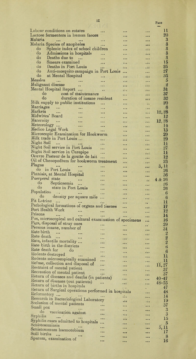 Page Labour conditions on estates Lactose fermenters in human faeces Malaria Malaria Species of anopheles do Splenic index of school children do Admissions in hospitals do Deaths due to do Smears examined do Deaths in Port Louis do Anti-mosquito campaign in Port Louis do at Mental Hospital ... Measles Malignant disease Mental Hospital Report ... do cost of maintenance do duration of insane resident Milk supply to public institutions Marriages Markets Mid wives’ Board Maternity Meteorology ... ... Medico Legal Work Microscopic Examination for Hookworm Milk trade in Port Louis ... Night Soil ... Night Soil service in Port Louis Night Soil service in Curepipe Oeuvre Pasteur de la goutte de lait ... Oil of Chenopodium for hookworm treatment Plague do in Port Louis Phthisis, at Mental Hospital Puerperal state do Septicaemia ... do state in Port Louis Population ... do density per square mile ... Pit Latrine ... Pathological formations of organs and tissues Port Health Work Prisons ... Pus, microscopical and cultural examination of specimens Pigs, disposal of stray ones Persons insane, number of Rate birth • • • - • • Rate death ... Rate, infantile mortality ... Rate birth in the districts Rate death for do Rodents destroyed Rodents microscopically examined Refuse, collection and disposal of Restraint of mental patient Recreation of mental patient Return of diseases and deaths (in patients) Return of diseases (out patients) Return of births in hospitals Return of Surgical operations performed in hospital Reformatory ... Research in Bacteriological Laboratory Seclusion of mental patients Small pox oo vaccination against Syphilis Syphilis cases admitted to hospitals ... Schistosomiasis Schistosomum haemotobium Still births ... ... Sputum, examination of 11 20 3 3 3 3 3 15 25 27 35 5 2 31 37 32 20 6 12, 28 12 12. 28 14 13 29 29 11 27 11 12 23 3.11 26 36 4 & 26 26 26 6 6 11 17 12 14 16 29 31 2 2 2 6 6 11 11 11,27 37 37 40-47 4S-55 47 48 14 19 37 3 3 15 5 5.11 17 8 16