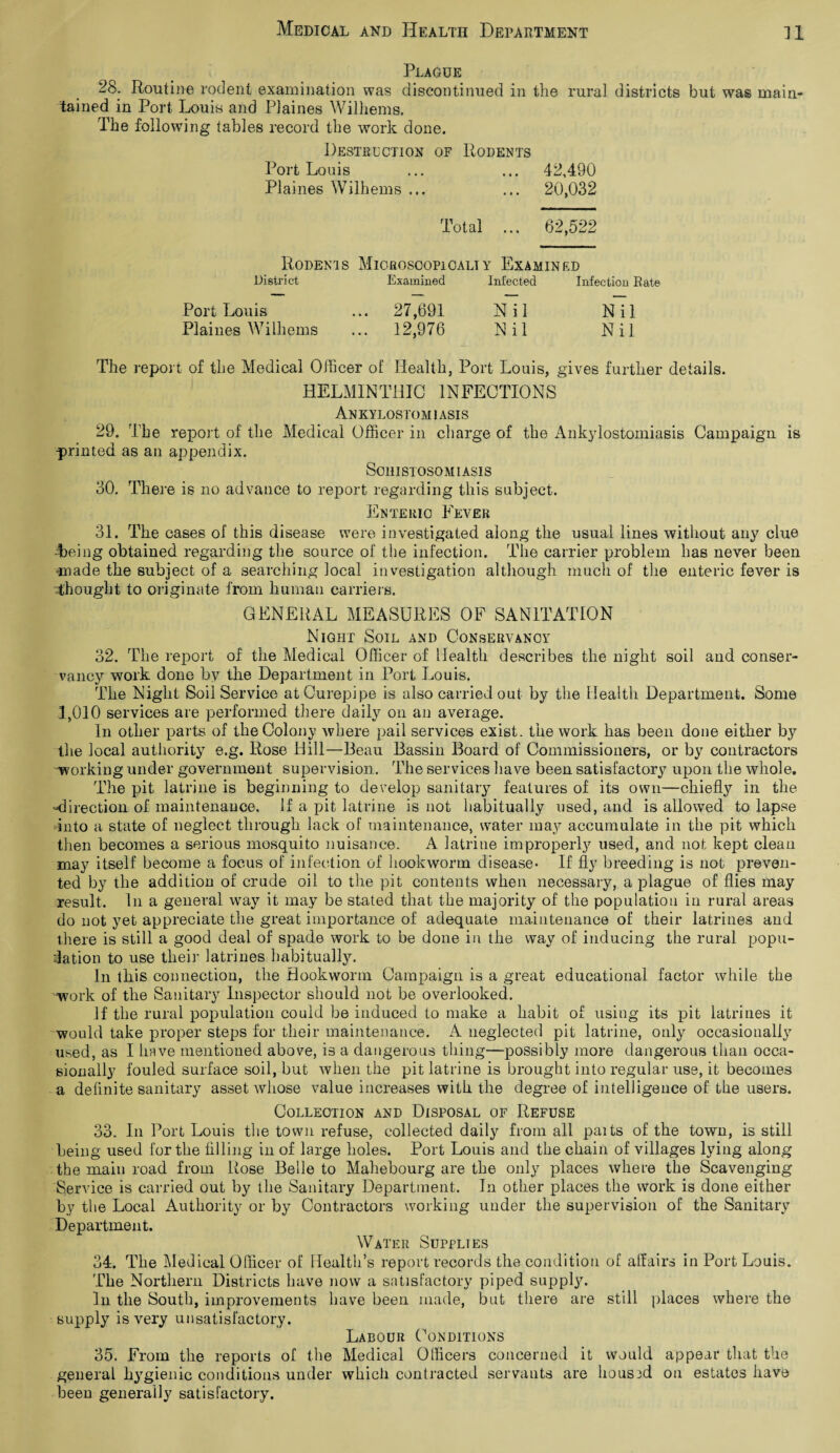 Plague 28. Routine rodent examination was discontinued in the rural districts but was main¬ tained in Port Louis and Plaines Wilhems. The following tables record the work done. Destruction of Rodents Port Louis ... ... 42,490 Plaines Wilhems ... ... 20,032 Total ... 62,522 Rodents Miorosoopioaliy Examined District Examined Infected Infection Rate Port Louis ... 27,691 Nil Nil Plaines Wilhems ... 12,976 Nil Nil The report of the Medical Officer of Health, Port Louis, gives further details. HELMINTHIC INFECTIONS Ankylostomiasis 29. The report of the Medical Officer in charge of the Ankylostomiasis Campaign is printed as an appendix. Schistosomiasis 30. There is no advance to report regarding this subject. Enteric Fever 31. The cases of this disease were investigated along the usual lines without any clue -being obtained regarding the source of the infection. The carrier problem has never been miade the subject of a searching local investigation although much of the enteric fever is thought to originate from human carriers. GENERAL MEASURES OF SANITATION Night Soil and Conservancy 32. The report of the Medical Officer of Health describes the night soil and conser¬ vancy work done by the Department in Port Louis. The Night Soil Service atCurepipe is also carried out by the Health Department. Some 1,010 services are performed there daily on an average. In other parts of the Colony where pail services exist, the work has been done either by the local authority e.g. Rose Hill—Heau Bassin Board of Commissioners, or by contractors ^working under government supervision. The services have been satisfactory upon the whole. The pit latrine is beginning to develop sanitary features of its own—chiefly in the -direction of maintenance. If a pit latrine is not habitually used, and is allowed to lapse into a state of neglect through lack of maintenance, water may accumulate in the pit which then becomes a serious mosquito nuisance. A latrine improperly used, and not kept clean may itself become a focus of infection of hookworm disease* If fly breeding is not preven¬ ted by the addition of crude oil to the pit contents when necessary, a plague of flies may result. In a general wray it may be stated that the majority of the population in rural areas do not yet appreciate the great importance of adequate maintenance of their latrines and there is still a good deal of spade work to be done in the way of inducing the rural popu¬ lation to use their latrines habitually. In this connection, the Hookworm Campaign is a great educational factor while the work of the Sanitary Inspector should not be overlooked. If the rural population could be induced to make a habit of using its pit latrines it would take proper steps for their maintenance. A neglected pit latrine, only occasionally used, as I have mentioned above, is a dangerous thing—possibly more dangerous than occa¬ sionally fouled surface soil, but when the pit latrine is brought into regular use, it becomes a definite sanitary asset whose value increases with the degree of intelligence of the users. Collection and Disposal of Refuse 33. In Port Louis the town refuse, collected daily from all paits of the town, is still being used for the filling in of large holes. Port Louis and the chain of villages lying along the main road from Rose Belle to Mahebourg are the only places where the Scavenging Service is carried out by the Sanitary Department. In other places the work is done either by the Local Authority or by Contractors working under the supervision of the Sanitary Department. Water Supplies 34. The Medical Officer of Health’s report records the condition of affairs in Port Louis. The Northern Districts have now a satisfactory piped supply. In the South, improvements have been made, but there are still places where the supply is very unsatisfactory. Labour Conditions 35. From the reports of the Medical Officers concerned it would appear that the general hygienic conditions under whicli contracted servants are hous3d on estates have been generally satisfactory.