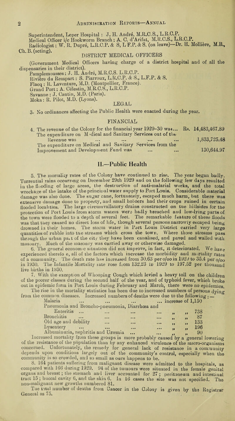Superintendent, Leper Hospital : J. H. Andre, M.R.C.S., L.R.C.P. Medical Officer i/c Hookworm Branch: A. C. d’Arifat, M.R.C.S., L.R.C.P. Radiologist: W. R. Dupre, L.R.C.P. & S, L F.P. & S. (on leave)—Dr. H. Molliere, M.B., Ch. B. (acting). DISTRICT MEDICAL OFFICERS (Government Medical Officers having charge of a district hospital and of all the dispensaries in their district). Pamplemousses: J. H. Andre, M.R.C.S. L.R.C.P. Riviere du Rempart: S. Piarrous, L.R.C.P. & S., L.F.P. & S. Flacq : R. Laventure, M.D. (Montpellier, France). Grand Port: A. Celestin, M.R.C.S., L.R.C.P. Savanne : J. Cantin, M.D. (Paris). Moka: R. Pilot, M.D. (Lyons). LEGAL 3. No ordinances affecting the Public Health were enacted during the year. FINANCIAL 4. The revenue of the Colony for the financial year 1929-30 was... The expenditure on Medical and Sanitary Services out of the R6V0DU6 W3S ••• ••• ••• The expenditure on Medical and Sanitary Services from the Improvement and Development Fund was Rs. 14,483,467.89 1,833,725.48 130,644.97 II.—Public Health 5. The moriality rates of the Colony have continued to rise. The year began badly. Torrential rains occurring on December 29th 1929 and on the following few days resulted in the flooding of large areas, the destruction of anti-malarial works, and the total wreckage of the intake of the principal water supply to Port Louis. Considerable material damage was also done. The sugar cane, fortunately, escaped much harm, but there was extensive damage done to property, and small holders had their crops ruined in certain flooded localities. The large circumvallatory drains constructed on tue hillsides for the protection of Port Louis from storm wateis were badly breached and low-lying parts of the town were flooded to a depth of several feet. The remarkable feature of these floods was that they caused no direct loss of life, though several persons narrowly escaped being drowned in their homes. The storm water in Port Louis District carried very large quantities of rubble into the streams which cross the town. Where those streams pass through the urban pait of the city they have been canalised, and paved and walled with masonry. Much of the masonry was carried away or otherwise damaged. 6. The general economic situation did not improve, in fact, it deteriorated. We have experienced thereto e, all of the factors which increase the morbidity and mortality rates of a community . The death rate has increased from 30.63 per 0/00 in 1929 to 35.4 per 0/00 in 1930. The Infantile Mortality rate rose from 132.23 in 1929 to 197.52 per thousand live births in 1930. 7. With the exception of Whooping Cough which levied a heavy toll on the children of the poorer classes during the second half of the year, and of typhoid fever, which broke out in epidemic form in Port Louis during February and March, there were no epidemics. The rise in the mortality statistics has been due to increased numbers of persons dyino- from the common diseases. Increased numbers of deaths were due to the following : — Malaria ... ... ... ... increase of 1,150 Pneumonia and Broncho-pneumonia, Diarrhoea and Enteritis ... Bronchitis Old age and debility Dysentery Albuminuria, nephritis and Urremia Increased mortality from these groups is more probably caused by a general lowering of the resistance of the population than by any enhanced virulence of the micro-organisms concerned. Unfortunate^, the renwty lor general lack of resistance in a community depends upon conditions largely out of the community’s control, especially when the community is so crowded, and so small as ours happens to be. 8. 164 patients suffering from malignant disease were admitted to the hospitals, as compared with 166 during 1929. 94 of the tumours were situated in the female genital organs and breast ; the stomach and liver accounted for 27 ; peritoneum and intestinal tract 15 ; buccal cavity 6, and the skin 6. In 16 cases the site was not specified. The non-malignant new growths numbered 81. due total number of deaths from Cancer in the Colony is gLven by the Registrar General as 75. » >> >> » >» »» >» tt » »* 738 87 133 196 90