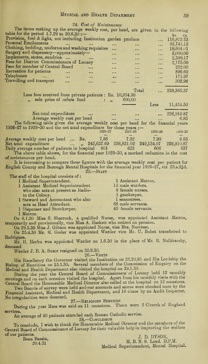 24. Cost of Maintenance The items making up the average weekly cost, per head, are lable for the period 1.7.29 to 30.6.30 :— Provision, fuel & light, not including Institution garden produce Personal Emoluments Clothing, bedding, uniforms and washing requisites ... Surgery and dispensary—approximately— Implements, stores, sundries ... Fees for District Commissioners of Lunacy Fees for member of Central Board ... Recreation for patients Telephones Travelling and transport given in the following Bs. Cs. ... 116,822.53 ... 93,741.13 ... 18,604.01 3,000.00 2,399.17 2,175.00 252.00 896.60 171.97 302.96 Total ... 238,365.37 Less fees received from private patients : Rs. 10,854.50 „ sale price of refuse food : „ 600.00 - Less 11,454.50 Net total expenditure ... ... ... ... 226,910 87 Average weekly cost per head ... ... ... 6.85 The following table gives the average weekly cost per head for the financial years 1926-27 to 1929-30 and the net total expenditure for those years :— 1926-27 1927-28 1928-29 1929-30 Average weekly cost per head ... Rs. 7.86 7.92 7.90 6.85 Net total expenditure ... „ 245,637.69 256,831.02 249,134.07 226,910.87 Daily average number of patients in hospital 601 623 606 637 The above table shows, for the financial year 1929-30, a marked reduction in the cost of maintenance per head. It is interesting to compare these figures with the average weekly cost per patient for English County and Borough Mental Hospitals for the financial year 1926-27, viz 23.s.2fd. 25.—Staff The staff of the hospital consists of : 1 Medical Superintendent. 1 Assistant Medical Superintendent who also acts at present as Radio- to the Colony. 1 Steward and Accountant who also acts as Head Attendant. 1 Dispenser and Storekeeper. 1 Matron. On 6.1.30 Miss S. Sharrock, a qualified Nurse, was appointed Assistant Matron, temporarily and provisionally, vice Miss A. Haskett who retired on pension. On 29.5.30 Miss J. Gibson was appointed Nurse, vice Mrs. Narcisse. On 25.4.30 Mr. M. Goder was appointed Warder vice Mr. U. Babet transferred to 1 Assistant Matron. 13 male warders. 8 female nurses. 1 gatekeeper. 1 seamstress. 68 male servants. 45 female servants. Rodrigues. Mr. H. Herbu was appointed Warder on 1.6.30 in the place of Mr. R. Nalletamby, deceased Warder J. B. A. Suzor resigned on 30.9.30. 26.—Visits His Excellency the Governor visited the Institution on 22.10.30 and His Loidship tho Bishop of Mauritius on 15.3.30. Several members of the Commission of Enquiry on the Medical and Health Department also visited the hospital on 29.1.30. « During the year tho Control Board. of Oomroissionois of Lunocy hold. 12 monthly meetings and on each occasion visited the hospital. Apart from his monthly visits with the Central Board the Honourable Medical Director also called at the hospital on 12 occasions. Two Boards of survey were held and our accounts and stores were checked once by the Financial Assistant, Medical and Health Department, and 16 times by an Audit Inspector. No irregularities were detected. 27.—Religious Services During the year Mass was said on 11 occasions. There were 2 Cuurch of England • services An average of 40 patients attended each Roman Catholic seivice. 28.—Conclusion To conclnde I wish to thank the Honourable Medical Director and the members of the Central Board of'Commissioners of Lunacy for their valuable help in improving the welfare •of our patients. Beau Bassin, 20.4.31 J. D. DYSON, M. B. B. S. Lond. D.P.M. Medical Superintendent, Mental Hospital.