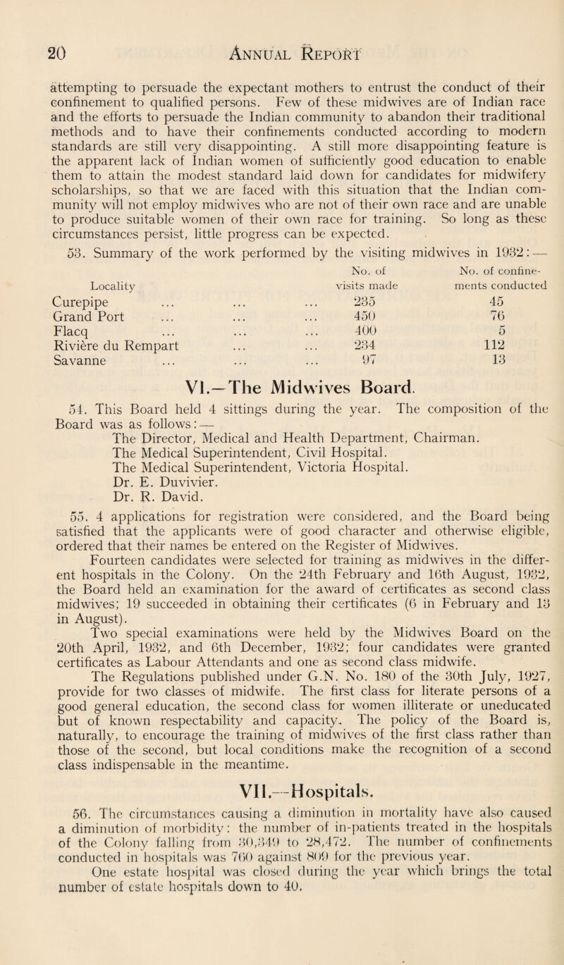attempting to persuade the expectant mothers to entrust the conduct of their confinement to qualified persons. Few of these midwives are of Indian race and the efforts to persuade the Indian community to abandon their traditional methods and to have their confinements conducted according to modern standards are still very disappointing. A still more disappointing feature is the apparent lack of Indian women of sufficiently good education to enable them to attain the modest standard laid down for candidates for midwifery scholarships, so that we are faced with this situation that the Indian com¬ munity will not employ mid wives who are not of their own race and are unable to produce suitable women of their own race for training. So long as these circumstances persist, little progress can be expected. 53. Summary of the work performed by the visiting mid wives in 1932: — Locality No. of visits made No. of confine¬ ments conducted Curepipe 235 45 Grand Port 450 76 Flacq 400 5 Riviere du Rempart 234 112 Savanne 97 13 VI.—The Mid wives Board. 54. This Board held 4 sittings during the year. The composition of the Board was as follows: — The Director, Medical and Health Department, Chairman. The Medical Superintendent, Civil Hospital. The Medical Superintendent, Victoria Hospital. Dr. E. Duvivier. Dr. R. David. 55. 4 applications for registration were considered, and the Board being satisfied that the applicants were of good character and otherwise eligible, ordered that their names be entered on the Register of Midwives. Fourteen candidates were selected for training as midwives in the differ¬ ent hospitals in the Colony. On the 24th February and 16th August, 1932, the Board held an examination for the award of certificates as second class midwives; 19 succeeded in obtaining their certificates (6 in February and 13 in August). Two special examinations were held by the Midwives Board on the 20th April, 1932, and 6th December, 1932; four candidates were granted certificates as Labour Attendants and one as second class midwife. The Regulations published under G.N. No. 180 of the 30th July, 1927, provide for two classes of midwife. The first class for literate persons of a good general education, the second class for women illiterate or uneducated but of known respectability and capacity. The policy of the Board is, naturally, to encourage the training of mid wives of the first class rather than those of the second, but local conditions make the recognition of a second class indispensable in the meantime. VII.—Hospitals. 56. The circumstances causing a diminution in mortality have also caused a diminution of morbidity: the number of in-patients treated in the hospitals of the Colony falling from 30,349 to 28,472. The number of confinements conducted in hospitals was 760 against 809 for the previous year. One estate hospital was closed during the year which brings the total number of estate hospitals down to 40.