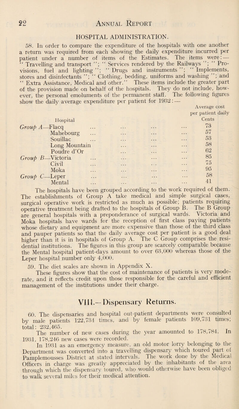 HOSPITAL ADMINISTRATION. 58. In order to compare the expenditure of the hospitals with one another a return was required from each showing the daily expenditure incurred per patient under a number of items of the Estimates. The items were: — “ Travelling and transport ”; “ Services rendered by the Railways ”;  Pro¬ visions, fuel and lighting’’; “ Drugs and instruments”; “ Implements, stores and disinfectants ”; “ Clothing, bedding, uniforms and washing ”; and “ Extra Assistance, Medical and other.” These items include the greater part of the provision made on behalf of the hospitals. They do not include, how¬ ever, the personal emoluments of the permanent staff. The following figures show the daily average expenditure per patient for 1932: — Average cost per patient daily Hospital Cents Group A—Flacq ... ... ••• ••• 73 Mahebourg ... ... ... • • • 57 Souillac ... ... ... • • • 53 Long Mountain ... ... • • • 58 Poudre d’Or ... ... ••• 32 Group B—Victoria ... ... ••• ••• 85 Civil ... ... • ••• 75 Moka ... ... ••• • • • 95 Group C—Leper ... ... ••• 58 Mental ... ... • • • • • • 41 The hospitals have been grouped according to the work required of them. The establishments of Group A take medical and simple surgical cases, surgical operative work is restricted as much as possible; patients requiring operative treatment being drafted to the hospitals of Group B. The B Group are general hospitals with a preponderance of surgical wards. Victoria and Moka hospitals have wards for the reception of first class paying patients whose dietary and equipment are more expensive than those of the third class and pauper patients so that the daily average cost per patient is a good deal higher than it is in hospitals of Group x4. The C Group comprises the resi¬ dential institutions. The figures in this group are scarcely comparable because the Mental hospital patient-days amount to over 63,000 whereas those of the Leper hospital number only 4,000. 59. The diet scales are shown in Appendix X. These figures show that the cost of maintenance of patients is very mode¬ rate, and it reflects credit upon those responsible for the careful and efficient management of the institutions under their charge. VI11.— Dispensary Returns. 60. The dispensaries and hospital out-patient departments were consulted by male patients 122,734 times, and by female patients 109,731 times; total; 232,465. The number of new cases during the year amounted to 178,784. In 1931, 178,246 new cases were recorded. In 1931 as an emergency measure, an old motor lorry belonging to the Department was converted into a travelling dispensary which toured part of Pamplemousses District at stated intervals. The work done by the Medical Officers in charge was greatly appreciated by the inhabitants of the area through which the dispensary toured, who would otherwise have been obliged to walk several miles for their medical attention.