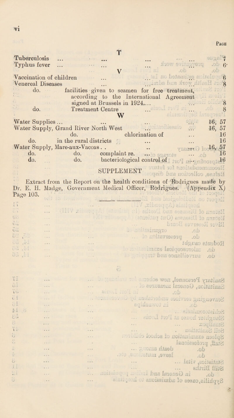 Page Tuberculosis Typhus fever if Vaccination of children Venereal Diseases V /■J.U 5if f\ i * f .'i S ■ ^ -l > Vi : \ 6' 6 10 do. do. facilities given to seamen for free treatment, according to the International Agreement signed at Brussels in 1924,... Treatment Centre w Water Supplies ... Water Supply, Grand River North West do. chlorination of do. in the rural districts Water Supply, Mare-aux-Vacoas . . .. y do. do. complaint re. •;? amnion do. do. bacteriological control of 8 8 8 16, 57 16, 57 16 16 * * SUPPLEMENT — JLi & 16 * !f QO’J ji - n ooqH .qsxfo bins noilosUoo ^eajisH Extract from the Report on the health conditions of 'Rodrigues made by Dr. E. H. Madge, Government Medical Officer, Rodrigues. (Appendix XJ Page 103. ■V »■> v 719 i f\ 1 5 « ‘ -J J ii’urlaii nm:cU .0,7 r,rr djj bm-E ninogio ■ diBYieaaiq .ob irf&rso gJnsboil 'i;ize iBoiqooaoioiar .ob oil bn/i soneBis-rms .ob tl - r \i. . .1 ii i i l- i hi c .> is a o i ::i'. la won Jernioa'isT viaiffioB . X c-finsmaL kioixsO jiicdteJinsd aw ■. iHO , j\ > it so mail voj ...» - a .. »■' j, . ,i ,, - illOSOc ?A v*: f« nMP ■Ji- v-’  Tl Hti r' .■ r-“ : -. . . - ? r j * ' # *4.*^ v- • «. <i.i—Ail ■ ■ - - ‘ a ...... j.. I ] GlJifijij 2 a..,.- kaoxeasloiq ... g;corns /Lteeb .ob .:'j ,o ..i.jlijin ?qtmi .ob ... ffiii-/ 4eoDailsJ8 • • ’.. f ... ailjiiR HiiSi i j n :-■ :I has LneicsO ui .ob siioiaaioibii io aeaxsogdiii o