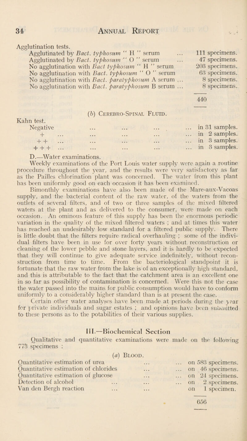Agglutination tests. Agglutinated by Bad. typhosum “ H serum Agglutinated by Bad. typhosum “ O ” serum No agglutination with Bad typhosum H serum No agglutination with Bad. typhosum O ” serum No agglutination with Bad. paratyphosum A serum ... No agglutination with Bad. paratyphosum B serum ... Ill specimens. 47 specimens. 203 specimens. 63 specimens. 8 specimens. 8 specimens. 440 Kahn test. Negative + + + + + + (h) Cerebrg-Spinal Fluid. in 31 samples, in 2 samples, in 3 samples, in 3 samples. D.—Water examinations. Weekly examinations of the Port Louis water supply were again a routine procedure throughout the year, and the results were very satisfactory as far as the Failles chlorination plant was concerned. The water from this plant has been uniformly good on each occasion it has been examined. Bimonthly examinations have also been made of the Mare-aux-Vacoas supply, and the bacterial content of the raw water, of the waters from the outlets of several filters, and of two or three samples of the mixed filtered waters at the plant and as delivered to the consumer, were made on each occasion. An ominous feature of this supply has been the enormous periodic variation in the qualit}/ of the mixed filtered waters ; and at times this water has reached an undesirably low standard for a filtered public supply. There is little doubt that the filters require radical overhauling ; some of the indivi¬ dual filters have been in use for over forty years without, reconstruction or cleaning of the lower pebble and stone layers, and it is hardly to be expected that they will continue to give adequate service indefinitely, without recon¬ struction from time to time. From the bacteriological standpoint it is fortunate that the raw water from the lake is of an exceptionally high standard, and this is attributable to the fact that the catchment area is an excellent one in so far as possibility of contamination is concerned. Were this not the case the water passed into the mains for public consumption would have to conform uniformly to a considerably higher standard than is at present the case. Certain other water analyses have been made at periods during the year for private individuals and sugar estates ; and opinions have been submitted to these persons as to the potabilities of their various supplies. SiI.—Biochemical Section Qualitative and quantitative examinations were made on the following 773 specimens : {a) Blood. Quantitative estimation of urea Quantitative estimation of chlorides Quantitative estimation of glucose Detection of alcohol Van den Bergh reaction ... on 583 specimens. ... on 46 specimens. ... on 24 specimens. ... on 2 specimens, on 1 specimen. 656