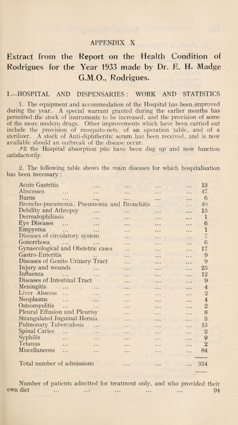 APPENDIX X Extract from the Report on the Health Condition of Rodrigues for the Year 1933 made by Dr. E. H. Madge G.M.O., Rodrigues. I.—HOSPITAL AND DISPENSARIES : WORK AND STATISTICS 1. The equipment and accommodation of the Hospital has been improved during the year. A special warrant granted during the earlier months has permitted the stock of instruments to be increased, and the provision of some of the more modern drugs. Other improvements which have been carried out include the provision of mosquito-nets, of an operation table, and of a sterilizer. A stock of Anti-diphtheritic serum has been received, and is now available should an outbreak of the disease occur. All the Hospital absorption pits have been dug up and now function satisfactorily. 2. The following table shows the main diseases for which hospitalisation has been necessary : Acute Gastritis ... ... ... ... 13 Abscesses ... ... ... ... ... 47 Burns ... ... ... ... ... 6 Broncho-pneumonia, Pneumonia and Bronchitis ... ... 40 Debility and Athrepsy ... ... ... ... 13 Dermatophiliasis ... ... ... ... 1 Eye Diseases ... ... ... ... ... 6 Empyema ... ... ... ... ... 1 Diseases of circulatory system ... ... ... 7 Gonorrhoea ... ... ... ... ... 6 Gynaecological and Obstetric cases ... ... ... 17 Gastro-Enteritis .. ... ... ... 9 Diseases of Genito Urinary Tract ... ... ... 9 Injury and wounds ... ... ... ... 25 Influenza ... ... ... ... ... 12 Diseases of Intestinal Tract ... ... ... 9 Meningitis ... ... ... ... ... 4 Liver Abscess ... ... ... ... ... 2 Neoplasms ... ... ... ... ... 4 Osteomyelitis ... ... ... ... ... 2 Pleural Effusion and Pleurisy ... ... ... 8 Strangulated Inguinal Hernia ... ... ... 3 Pulmonary Tuberculosis ... ... ... ... 13 Spinal Caries ... ... ... ... ... 2 Syphilis ... ... ... ... ... 9 Tetanus ... ... ... ... ... 2 Miscellaneous ... ... ... ... ... 84 Total number of admissions ... ... ... 354 Number of patients admitted for treatment only, and who provided their own diet ... ... ... ... ... 94