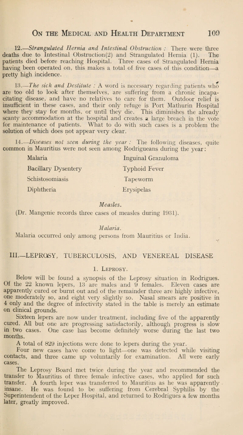 12.—Strangulated Hernia and Intestinal Obstruction : There were three deaths due to Intestinal Obstruction(2) and Strangulated Hernia (1). The patients died before reaching Hospital. Three cases of Strangulated Hernia having been operated on, this makes a total of live cases of this condition—a pretty high incidence. IB.—The sick and Destitute : A word is necessary regarding patients who are too old to look after themselves, are suffering from a chronic incapa¬ citating disease, and have no relatives to care for them. Outdoor relief is insufficient in these cases, and their only refuge is Port Mathurin Hospital where they stay for months, or until they die. This diminishes the already scanty accommodation at the hospital and creates a large breach in the vote for maintenance of patients. What to do with such cases is a problem the solution of which does not appear very clear. 14.—Diseases not seen during the year : The following diseases, quite common in Mauritius were not seen among Rodrigueans during the year: Malaria Inguinal Granuloma Bacillary Dysentery Schistosomiasis Diphtheria Typhoid Fever Tapeworm Erysipelas Measles. (Dr. Mangenie records three cases of measles during 1931). Malaria. Malaria occurred only among persons from Mauritius or India. Ill.—LEPROSY, TUBERCULOSIS, AND VENEREAL DISEASE 1. Leprosy. Below will be found a synopsis of the Leprosy situation in Rodrigues. Of the 22 known lepers, IB are males and 9 females. Eleven cases are apparently cured or burnt out and of the remainder three are highly infective, one moderately so, and eight very slightly so. Nasal smears are positive in 4 only and the degree of infectivity stated in the table is merely an estimate on clinical grounds. Sixteen lepers are now under treatment, including five of the apparently cured. All but one are progressing satisfactorily, although progress is slow in two cases. One case has become definitely worse during the last two months. A total of 829 injections were done to lepers during the year. Four new cases have come to light—one was detected while visiting contacts, and three came up voluntarily for examination. All were early cases. The Leprosy Board met twice during the year and recommended the transfer to Mauritius of three female infective cases, who applied for such transfer. A fourth leper was transferred to Mauritius as he was apparently insane. He was found to be suffering from Cerebral Syphilis by the Superintendent of the Leper Hospital, and returned to Rodrigues a few months later, greatly improved.