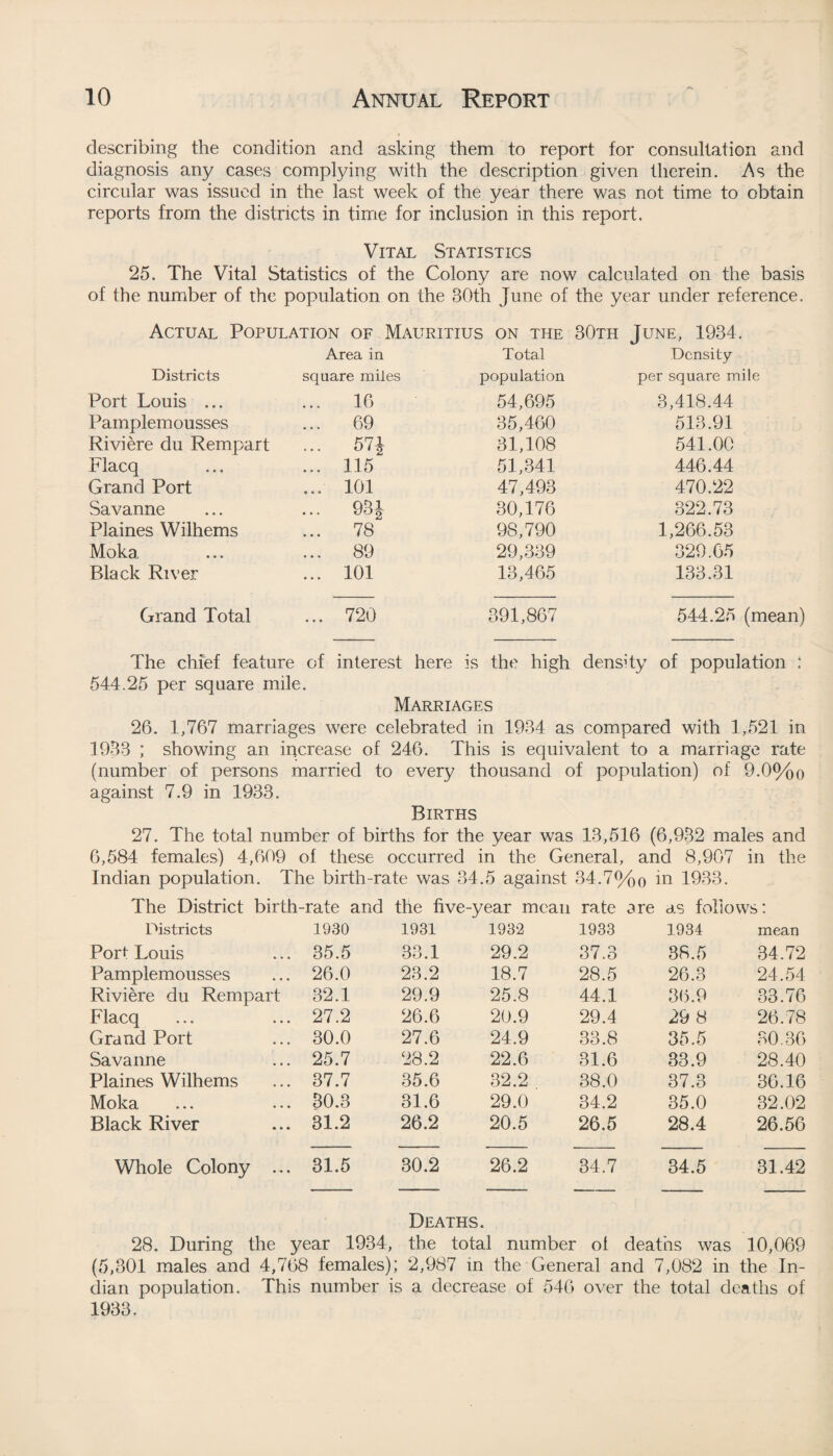 describing the condition and asking them to report for consultation and diagnosis any cases complying with the description given therein. As the circular was issued in the last week of the year there was not time to obtain reports from the districts in time for inclusion in this report. Vital Statistics 25. The Vital Statistics of the Colony are now calculated on the basis of the number of the population on the 30th June of the year under reference. Actual Population of Mauritius on the 30th June, 1934. Area in Total Density Districts square miles population per square mile Port Louis ... ... 16 54,695 3,418.44 Pamplemousses ... 69 35,460 513.91 Riviere du Rempart ... 574 31,108 541.00 Flacq ... 115 51,341 446.44 Grand Port ... 101 47,493 470.22 Savanne ... 93 i 30,176 322.73 Plaines Wilhems ... 78 98,790 1,266.53 Moka ... 89 29,339 329.65 Black River ... 101 13,465 133.31 Grand Total ... 720 391,867 544.25 (mean) The chief feature of interest here is the high density of population : 544.25 per square mile. Marriages 26. 1,767 marriages were celebrated in 1934 as compared with 1,521 in 1933 ; showing an increase of 246. This is equivalent to a marriage rate (number of persons married to every thousand of population) of 9.0%o against 7.9 in 1933. Births 27. The total number of births for the year was 13,516 (6,932 males and 6,584 females) 4,609 of these occurred in the General, and 8,907 in the Indian population. The birth-rate was 34.5 against 34.7%o in 1933. The District birth-rate and the five-year mean rate are as follows: Districts 1930 1931 1932 1933 1934 mean Port Louis 35.5 33.1 29.2 37.3 38.5 34.72 Pamplemousses 26.0 23.2 18.7 28.5 26.3 24.54 Riviere du Rempart 32.1 29.9 25.8 44.1 36.9 33.76 Flacq 27.2 26.6 20.9 29.4 29 8 26.78 Grand Port 30.0 27.6 24.9 33.8 35.5 30.36 Savanne 25.7 28.2 22.6 31.6 33.9 28.40 Plaines Wilhems 37.7 35.6 32.2 38.0 37.3 36.16 Moka 30.3 31.6 29.0 34.2 35.0 32.02 Black River 31.2 26.2 20.5 26.5 28.4 26.56 Whole Colony ... 31.5 30.2 26.2 34.7 34.5 31.42 Deaths. 28. During the year 1934, the total number ol deaths was 10,069 (5,301 males and 4,768 females); 2,987 in the General and 7,082 in the In¬ dian population. This number is a decrease of 546 over the total deaths of 1933.