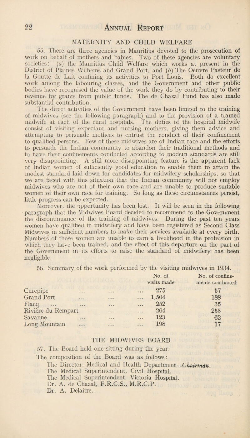 MATERNITY AND CHILD WELFARE 55. There are three agencies in Mauritius devoted to the prosecution of work on behalf of mothers and babies. Two of these agencies are voluntary societies: (a) the Mauritius Child Welfare which works at present in the District of Plaines Wilhems and Grand Port, and (b) The Oeuvre Pasteur de la Goutte de Lait confining its activities to Port Louis. Both do excellent work among the labouring classes, and the Government and other public bodies have recognised the value of the work they do by contributing to their revenue by grants from public funds. The de Chazal Fund has also made substantial contribution. The direct activities of the Government have been limited to the training of mid wives (see the following paragraph) and to the provision of a Earned midwife at each of the rural hospitals. The duties of the hospital midwife consist of visiting expectant and nursing mothers, giving them advice and attempting to persuade mothers to entrust the conduct of their confinement to qualified persons. Few of these mid wives are of Indian race and the efforts to persuade the Indian community to abandon their traditional methods and to have their confinements conducted according to modem standards are still very disappointing. A still more disappointing feature is the apparent lack of Indian women of sufficiently good education to enable them to attain the modest standard laid down for candidates for midwifery scholarships, so that we are faced with this situation that the Indian community will not employ midwives who are not of their own race and are unable to produce suitable women of their own race for training. So long as these circumstances persist, little progress can be expected. Moreover, the opportunity has been lost. It will be seen in the following paragraph that the Midwives Board decided to recommend to the Government the discontinuance of the training of mid wives. During the past ten years women have qualified in midwifery and have been registered as Second Class Midwives in sufficient numbers to make their services available at every birth. Numbers of those women are unable to earn a livelihood in the profession in which they have been trained, and the effect of this departure on the part of the Government in its efforts to raise the standard of midwifery has been negligible. 56. Summary of the work performed by the visiting midwives in 1934. No. of No. of confine¬ visits made ments conducted Curepipe 275 57 Grand Port ... 1,504 188 Flacq 252 35 Riviere du Rempart 264 253 Savanne 123 62 Long Mountain 198 17 THE MIDWIVES BOARD 57. The Board held one sitting during the year. The composition of the Board was as follows: The Director, Medical and Health Department—Chairman. The Medical Superintendent, Civil Hospital. The Medical Superintendent, Victoria Hospital. Dr. A. de Chazal, F.R.C.S., M.R.C.P. Dr. A. Delaitre.