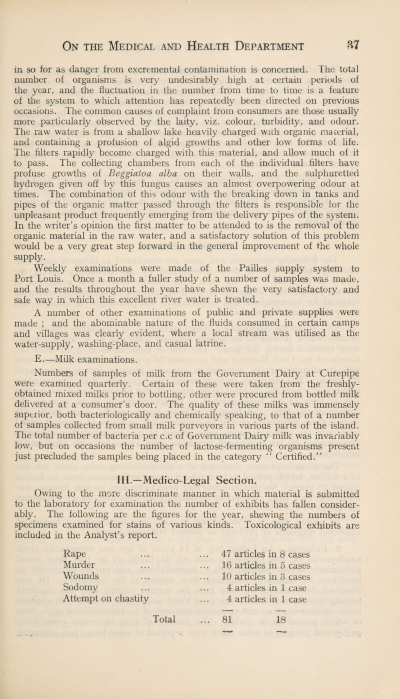 in so for as danger from excremental contamination is concerned. The total number of organisms is very undesirably high at certain periods of the year, and the fluctuation in the number from time to time is a feature of the system to which attention has repeatedly been directed on previous occasions. The common causes of complaint from consumers are those usually more particularly observed by the laity, viz. colour, turbidity, and odour. The raw water is from a shallow lake heavily charged with organic material, and containing a profusion of algid growths and other low forms of life. The filters rapidly become charged with this material, and allow much of it to pass. The collecting chambers from each of the individual filters have profuse growths of Beggiatoa alba on their walls, and the sulphuretted hydrogen given off by this fungus causes an almost overpowering odour at times. The combination of this odour with the breaking down in tanks and pipes of the organic matter passed through the filters is responsible for the unpleasant product frequently emerging from the delivery pipes of the system. In the writer’s opinion the first matter to be attended to is the removal of the organic material in the raw water, and a satisfactory solution of this problem would be a very great step forward in the general improvement of the whole supply. Weekly examinations were made of the Pailles supply system to Port Louis. Once a month a fuller study of a number of samples was made, and the results throughout the year have shewn the very satisfactory and safe way in which this excellent river water is treated. A number of other examinations of public and private supplies were made ; and the abominable nature of the fluids consumed in certain camps and villages was clearly evident, where a local stream was utilised as the water-supply, washing-place, and casual latrine. E.—Milk examinations. Numbers of samples of milk from the Government Dairy at Curepipe were examined quarterly. Certain of these were taken from the freshly- obtained mixed milks prior to bottling, other were procured from bottled milk delivered at a consumer’s door. The quality of these milks was immensely superior, both bacteriologically and chemically speaking, to that of a number of samples collected from small milk purveyors in various parts of the island. The total number of bacteria per c.c of Government Dairy milk was invariably low, but on occasions the number of lactose-fermenting organisms present just precluded the samples being placed in the category  Certified.” III.—Medico-Legal Section. Owing to the more discriminate manner in which material is submitted to the laboratory for examination the number of exhibits has fallen consider¬ ably. The following are the figures for the year, shewing the numbers of specimens examined for stains of various kinds. Toxicological exhibits are included in the Analyst’s report. Rape Murder Wounds Sodomy Attempt on chastity 47 articles in 8 cases 16 articles in 5 cases 10 articles in 3 cases 4 articles in 1 case 4 articles in 1 case • • •