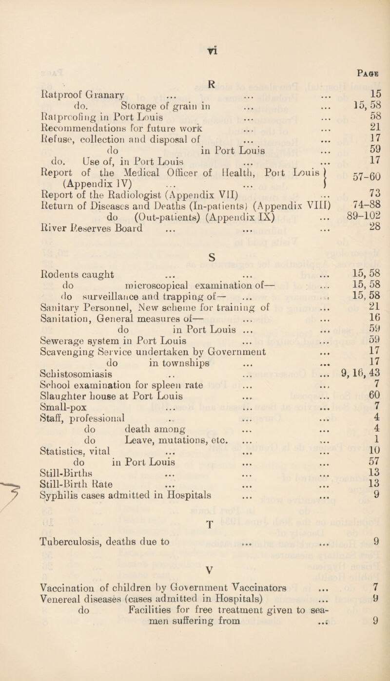Ratproof Granary ... ... ... 15 do. Storage of grain in ... ... 15,58 Ratprcofing in Port Louis ... ... 58 Recommendations for future work ... 21 Refuse, collection and disposal of ... ... 17 do in Port Louis ... 59 do. Use of, in Port Louis ... ... 17 Report of the Medical Officer of Health, Port Louis ) 57-60 (Appendix IV) ... ... ) Report of the Radiologist (Appendix VII) ... 73 Return of Diseases and Deaths (In-patients) (Appendix VIII) 74-88 do (Out-patients) (Appendix IX) ... 89-102 River Reserves Board ... ... ... 28 S Rodents caught do microscopical examination of— do surveillance and trapping of— Sanitary Personnel, New scheme for training of Sanitation, General measures of— do in Port Louis ... Sewerage system in Port Louis Scavenging Service undertaken by Government do in townships Schistosomiasis School examination for spleen rate Slaughter house at Port Louis Small-pox Staff, professional do death among do Leave, mutations, etc. Statistics, vital do in Port Louis Still-Births Still-Birth Rate Syphilis cases admitted in Hospitals T Tuberculosis, deaths due to ... ... 9 V Vaccination of children by Government Vaccinators ... 7 Venereal diseases (cases admitted in Hospitals) ... 9 do Facilities for free treatment given to sea¬ men suffering from 9 15, 58 15, 58 15, 58 21 16 59 59 17 17 9,16, 43 7 60 7 4 4 1 10 57 13 13 9