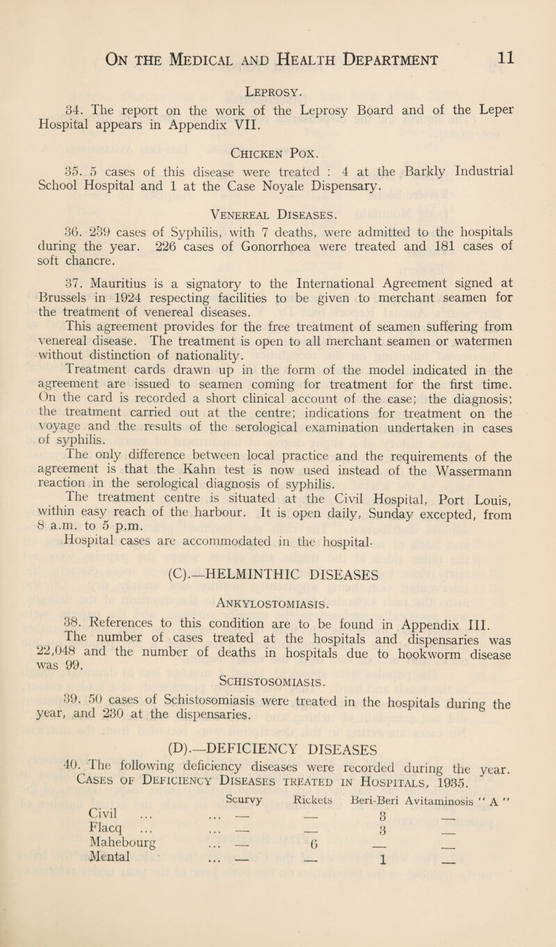 Leprosy. 34. The report on the work of the Leprosy Board and of the Leper Hospital appears in Appendix VII. Chicken Pox. 35. 5 cases of this disease were treated : 4 at the Barkly Industrial School Hospital and 1 at the Case Noyale Dispensary. Venereal Diseases. 36. 239 cases of Syphilis, with 7 deaths, were admitted to the hospitals during the year. 226 cases of Gonorrhoea were treated and 181 cases of soft chancre. 37. Mauritius is a signatory to the International Agreement signed at Brussels in 1924 respecting facilities to be given to merchant seamen for the treatment of venereal diseases. This agreement provides for the free treatment of seamen suffering from venereal disease. The treatment is open to all merchant seamen or watermen without distinction of nationality. Treatment cards drawn up in the form of the model indicated in the agreement are issued to seamen coming for treatment for the first time. On the card is recorded a short clinical account of the case; the diagnosis; the treatment carried out at the centre; indications for treatment on the voyage and the results of the serological examination undertaken in cases of syphilis. Ihe only difference between local practice and the requirements of the agreement is that the Kahn test is now used instead of the Wassermann reaction in the serological diagnosis of syphilis. The treatment centre is situated at the Civil Hospital, Port Louis, within easy reach of the harbour. It is open daily, Sunday excepted, from 8 a.m. to 5 p.m. Hospital cases are accommodated in the hospital- (C) .—HELMINTHIC DISEASES Ankylostomiasis . 38. References to this condition are to be found in Appendix III. The number of cases treated at the hospitals and dispensaries was 22,048 and the number of deaths in hospitals due to hookworm disease was 99. Schistosomiasis. 39. 50 cases of Schistosomiasis were treated in the hospitals during the year, and 230 at the dispensaries. (D) — DEFICIENCY DISEASES 40. Ihe following deficiency diseases were recorded during the year. Cases of Deficiency Diseases treated in Hospitals, 1935. Scurvy Rickets Beri-Beri Avitaminosis “ A  Civil ... ... — _ 3 _ Flacq ... ... — _ 3 _ Mahebourg ... _ 6 Mental 1