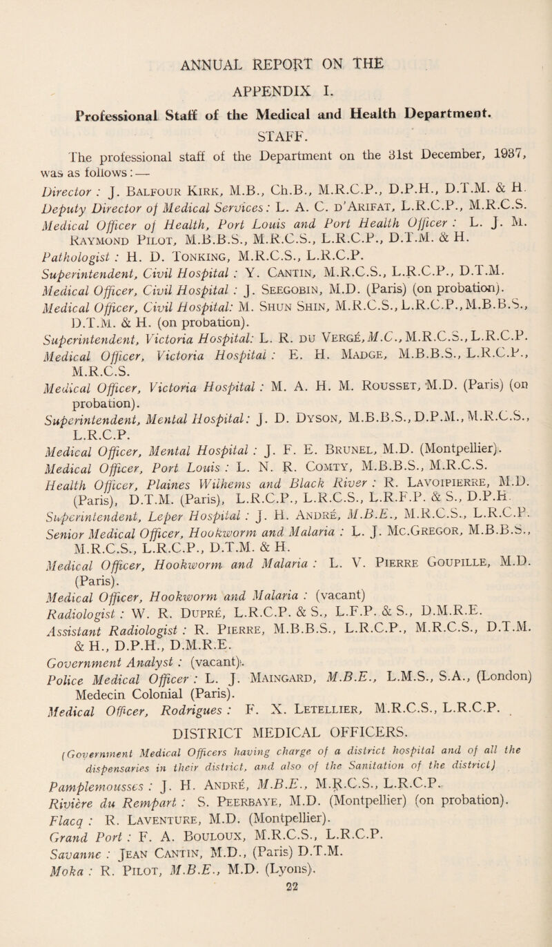 APPENDIX I. Professional Staff of the Medical and Health Department. STAFF. The professional staff of the Department on the hist December, 1937, was as follows: — Director : J. Balfour Kirk, M.B., Ch.B., M.R.C.P., D.P.H., D.T.M. & H. Deputy Director of Medical Services: L. A. C. d'Arifat, L.R.C.P., M.R.C.S. Medical Officer of Health, Port Louis and Port Health Officer : L. J. M. Raymond Pilot, M.B.B.S., M.R.C.S., L.R.C.P., D.l.M. & H. Pathologist : H. D. Tonking, M.R.C.S., L.R.C.P. Superintendent, Civil Hospital : Y. Cantin, M.R.C.S., L.R.C.P., D.T.M. Medical Officer, Civil Hospital : J. Seegobin, M.D. (Paris) (on probation). Medical Officer, Civil Hospital: M. Shun Shin, M.R.C.S., L.R.C.P., M.B.B.S., D.T.M. & H. (on probation). Superintendent, Victoria Hospital: L. R. du Verge,M.C., M.R.C.s., L.R.C.P. Medical Officer, Victoria Hospital : E. H. Madge, M.B.B.S., L.R.C.P., M.R.C.S. Medical Officer, Victoria Hospital : M. A. H. M. Rousset, M.D. (Paris) (on probation). Superintendent, Mental Hospital: J. D. Dyson, M.B.B.S., D.P.M., M.R.C.S., L. R.C.P. Medical Officer, Mental Hospital : J. F. E. Brunel, M.D. (Montpellier)). Medical Officer, Port Louis : L. N. R. Comty, M.B.B.S., M.R.C.S. Health Officer, Plaines Wilhems and Black River : R. Lavoipierre, M.D. (Paris), D.T.M. (Paris), L.R.C.P., L.R.C.S., L.R.F.P. & S., D.P.H. Superintendent, Leper Hospital : J. H. Andre, M.R.C.S., L.R.C.l . Senior Medical Officer, Hookworm and Malaria : L- J. Me.Gregor, M.B.B.S., M. R.C.S., L.R.C.P., D.T.M. & H. Medical Officer, Hookworm and Malaria : L. V. Pierre Goupille, M.D. (Paris). Medical Officer, Hookworm and Malaria : (vacant) Radiologist : W. R. Dupre, L.R.C.P. & S., L.F.P. & S., D.M.R.E. Assistant Radiologist : R. Pierre, M.B.B.b., L.R.C.P., M.R.C.S., D.T.M. & H., D.P.H., D.M.R.E. Government Analyst : (vacant). Police Medical Officer : L. J. Maingard, M.B.E., L.M.S., S.A., (London) Medecin Colonial (Paris). Medical Officer, Rodrigues: F. X. Letellier, M.R.C.S., L.R.C.P. DISTRICT MEDICAL OFFICERS. (Government Medical Officers having charge of a district hospital and of ad the dispensaries in their district, and also of the Sanitation of the district) Pamplemousses : J. H. Andre, M.B.E., M.R.C.S., L.R.C.P. Riviere du Rempart : S. Peerbaye, M.D. (Montpellier) (on probation). Flacq : R. Laventure, M.D. (Montpellier). Grand Port : F. A. Bouloux, M.R.C.S., L.R.C.P. Savannc : Jean Cantin, M.D., (Paris) D.T.M. Moka : R. Pilot, M.B.E., M.D. (Lyons).