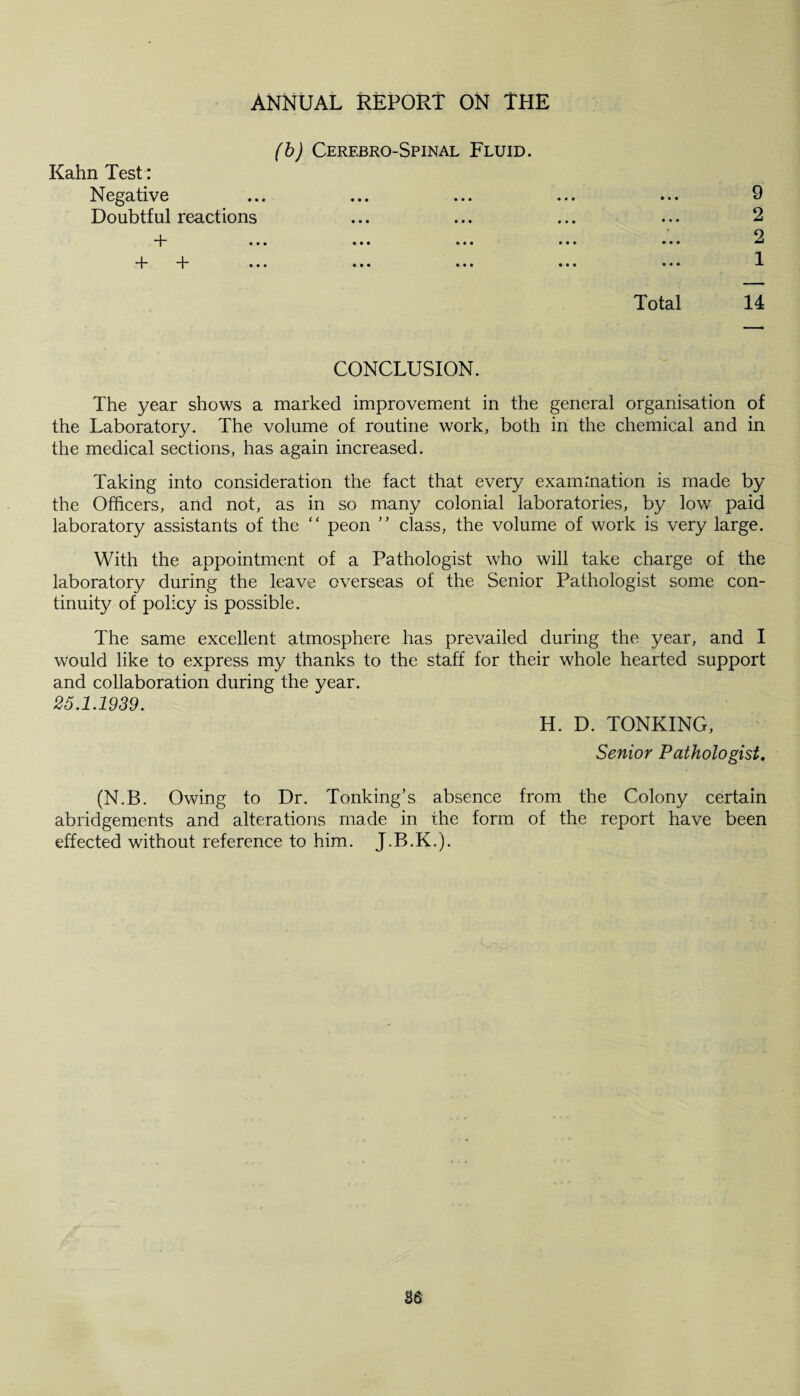 (b) Cerebro-Spinal Fluid. Kahn Test: Negative Doubtful reactions • • • ••• ••• ••• t ••• ••• ••• • • • 9 2 2 1 Total 14 CONCLUSION. The year shows a marked improvement in the general organisation of the Laboratory. The volume of routine work, both in the chemical and in the medical sections, has again increased. Taking into consideration the fact that every examination is made by the Officers, and not, as in so many colonial laboratories, by low paid laboratory assistants of the “ peon ” class, the volume of work is very large. With the appointment of a Pathologist who will take charge of the laboratory during the leave overseas of the Senior Pathologist some con¬ tinuity of policy is possible. The same excellent atmosphere has prevailed during the year, and I would like to express my thanks to the staff for their whole hearted support and collaboration during the year. 25.1.1939. H. D. TONKING, Senior Pathologist. (N.B. Owing to Dr. Tonking’s absence from the Colony certain abridgements and alterations made in the form of the report have been effected without reference to him. J.B.K.).