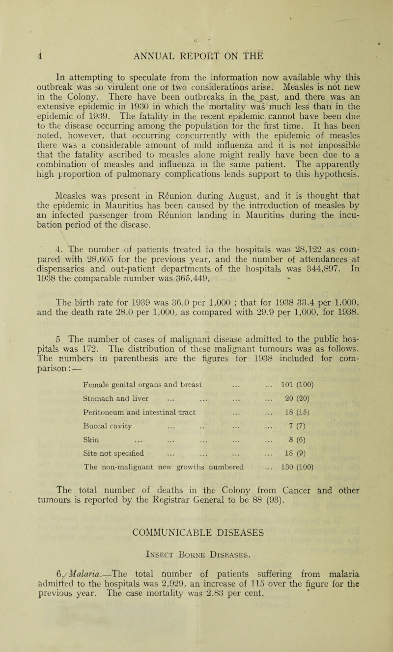In attempting to speculate from the information now available why this outbreak was so virulent one or two considerations arise. Measles is not new in the Colony. There have been outbreaks in the past, and there was an extensive epidemic in 1930 in which the mortality was much less than in the epidemic of 1939. The fatality in the recent epidemic cannot have been due to the disease occurring among the population tor the first time. It has been noted, however, that occurring concurrently with the epidemic of measles there was a considerable amount of mild influenza and it is not impossible that the fatality ascribed to measles alone might really have been due to a combination of measles and influenza in the same patient. The apparently high proportion of pulmonary complications lends support to this hypothesis. Measles was present in Reunion during August, and it is thought that the epidemic in Mauritius has been caused by the introduction of measles by an infected passenger from Reunion landing in Mauritius during the incu¬ bation period of the disease. 4. The number of patients treated in the hospitals was 28,122 as com¬ pared with 28,605 for the previous year, and the number of attendances at dispensaries and out-patient departments of the hospitals was 344,897. In 1938 the comparable number was 365,449. The birth rate for 1939 was 36.0 per 1,000 ; that for 1938 33.4 per 1,000, and the death rate 28.0 per 1,000, as compared with 29.9 per 1,000, for 1938. 5 The number of cases of malignant disease admitted to the public hos¬ pitals was 172. The distribution of these malignant tumours was as follows. The numbers in parenthesis are the figures for parison: — 1938 included for com- Female genital organs and breast ... 101 (100) Stomach and liver ... 20 (20) Peritoneum and intestinal tract ... 18 (15) Buccal cavity- 7 (7) Skin 8 (6) Site not specified ... 18 (9) The non-malignant new growths numbered ... 130 (100) The total number of deaths in the Colony from Cancer and other tumours is reported by the Registrar General to be 88 (93). COMMUNICABLE DISEASES Insect Borne Diseases. 6. Malaria.—The total number of patients suffering from malaria admitted to the hospitals was 2,929, an increase of 115 over the figure for the previous year. The case mortality was 2.83 per cent.
