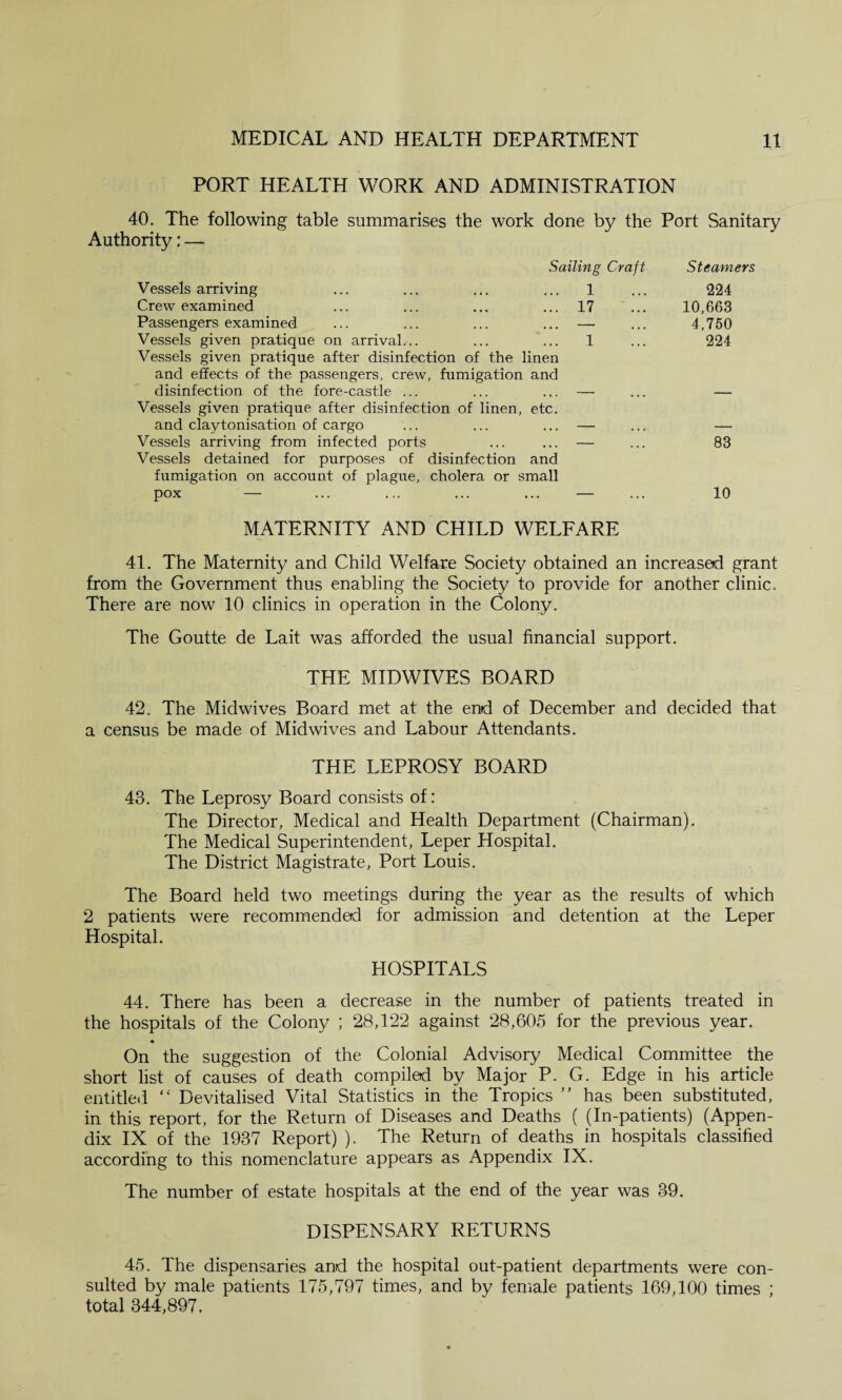 PORT HEALTH WORK AND ADMINISTRATION 40. The following table summarises the work done by the Port Sanitary Authority: — Sailing Craft Vessels arriving ... ... ... ... 1 Crew examined ... ... ... ... 17 ... Passengers examined ... ... ... ... — Vessels given pratique on arrival... ... ... 1 Vessels given pratique after disinfection of the linen and effects of the passengers, crew, fumigation and disinfection of the fore-castle ... ... ... — Vessels given pratique after disinfection of linen, etc. and claytonisation of cargo ... ... ... — Vessels arriving from infected ports ... ... — Vessels detained for purposes of disinfection and fumigation on account of plague, cholera or small pox — ... ... ... ... — MATERNITY AND CHILD WELFARE 41. The Maternity and Child Welfare Society obtained an increased grant from the Government thus enabling the Society to provide for another clinic. There are now 10 clinics in operation in the Colony. The Goutte de Lait was afforded the usual financial support. THE MIDWIVES BOARD 42. The Midwives Board met at the end of December and decided that a census be made of Mid wives and Labour Attendants. THE LEPROSY BOARD 43. The Leprosy Board consists of: The Director, Medical and Health Department (Chairman). The Medical Superintendent, Leper Hospital. The District Magistrate, Port Louis. The Board held two meetings during the year as the results of which 2 patients were recommended for admission and detention at the Leper Hospital. HOSPITALS 44. There has been a decrease in the number of patients treated in the hospitals of the Colony ; 28,122 against 28,605 for the previous year. On the suggestion of the Colonial Advisory Medical Committee the short list of causes of death compiled by Major P. G. Edge in his article entitled Devitalised Vital Statistics in the Tropics ” has been substituted, in this report, for the Return of Diseases and Deaths ( (In-patients) (Appen¬ dix IX of the 1937 Report) ). The Return of deaths in hospitals classified according to this nomenclature appears as Appendix IX. The number of estate hospitals at the end of the year was 39. DISPENSARY RETURNS 45. The dispensaries and the hospital out-patient departments were con¬ sulted by male patients 175,797 times, and by female patients 169,100 times ; total 344,897. Steamers 224 10,663 4,750 224 83 10