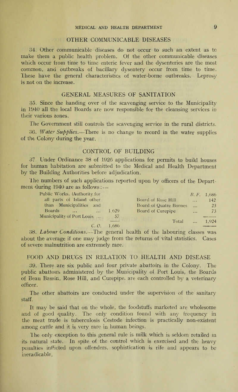OTHER COMMUNICABLE DISEASES 34. Other communicable diseases do not occur to such an extent as to make them a public health problem. Of the other communicable diseases which occur from time to time enteric fever and the dysenteries are the most common, and outbreaks of bacillary dysentery occur from time to time. These have the general characteristics of water-borne outbreaks. Leprosy is not on the increase. GENERAL MEASURES OF SANITATION 35. Since the handing over of the scavenging service to the Municipality in 1940 all the local Boards are now responsible for the cleansing services in their various zones. The Government still controls the scavenging service in the rural districts. 36. Water Supplies.—There is no change to record in the water supplies of the Colony during the year. CONTROL OF BUILDING 37. Under Ordinance 38 of 1926 applications for permits to build houses for human habitation are submitted to the Medical and Health Department by the Building Authorities before adjudication. I he numbers of such applications reported upon by officers of the Depart ¬ ment during 1940 are as follows — Public Works. (Authority for B, F. 1,686 ail parts of Island other Board of Rose Hill 142 than Municipalities ancl Board of Quatre Bornes 23 Boards Municipality of Port Louis .. C. 0. 1,629 57 1,686 Board of Curepipe Total 73 1,924 38. Labour Conditions.—The general health of the labouring classes was about the average if one may judge from the returns of vital statistics. Cases of severe malnutrition are extremely rare. FOOD AND DRUGS IN RELATION TO HEALTH AND DISEASE 39. There are six public and four private abattoirs in the Colony. The public abattoirs administered by the Municipality of Port Louis, the Boards of Beau Bassin, Rose Hill, and Curepipe, are each controlled by a veterinary officer. The other abattoirs are conducted under the supervision of the sanitary staff. It may be said that on the whole, the foodstuffs marketed are wholesome and of good quality. The only condition found with any frequency in the meat trade is tuberculosis Cestode infection is practically non-existent among cattle and it is very rare in human beings. I he only exception to this general rule is milk which is seldom retailed in its natural state. In spite of the control which is exercised and the hea\y penalties inflicted upon offenders, sophistication is rife and appears to be ineradicable,