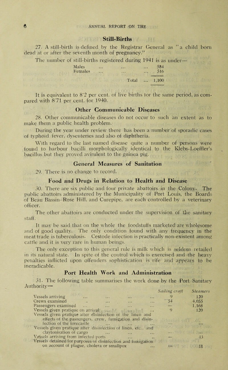 Still-Births 27- A still-birth is defined by the Registrar General as “a child born dead at or after the seventh month of pregnancy.” The number of still-births registered during 1941 is as under— Males ... ... ... 584 Females ... ... ... 516 Total ... 1,100 It is equivalent to 8*2 per cent, of live births for the same period, as com¬ pared with 8*71 per cent, for 1940. Other Communicable Diseases 28. Other communicable diseases do not occur to such an extent as to make them a public health problem. During the year under review there has been a number of sporadic cases of typhoid fever, dysenteries and also of diphtheria. With regard to the last named disease quite a number ofi persons were found to harbour bacilli morphologically identical to the Klebs-Loeffier’s bacillus but they proved avirulent to the guinea pig. General Measures of Sanitation 29. There is no change to record. Food and Drugs in Relation to Health and Disease 30. There are six public and four private abattoirs in the Colony. The public abattoirs administered by the Municipality of Port Louis, the Boards of Beau Bassin-Rose Hill, and Curepipe, are each controlled by a veterinary officer. The other abattoirs are conducted under the supervision of the sanitary staff. It may be said that on the whole the foodstuffs marketed are wholesome and of good quality. The only condition found with any frequency in the meat trade is tuberculosis. Cestode infection is practically non-existent among cattle and it is very rare in human beings. The only exception to this general rule is milk which is seldom retailed in its natural state. In spite of the control which is exercised and the heavy penalties inflicted upon offenders sophistication is rife and appears to be ineradicable. Port Health Work and Administration 31. The following table summarises the work done by the Port Sanitary Authority— Sailing craft Steamers Vessels arriving 9 120 Crews examined '54 4.055 Passengers examined — 1.168 Vessels given pratique on arrival 9 120 Vessels given pratique after disinfection of the linen and effects of the passengers, crew, fumigation and disin- fection of the forecastle — — Vessels given pratique after disinfection of linen, etc., and claytonisation of cargo — — Vessels arriving from infected ports — 43 Vessels detained for purposes of disinfection and fumigation on account of plague, cholera or smallpox rrr 11