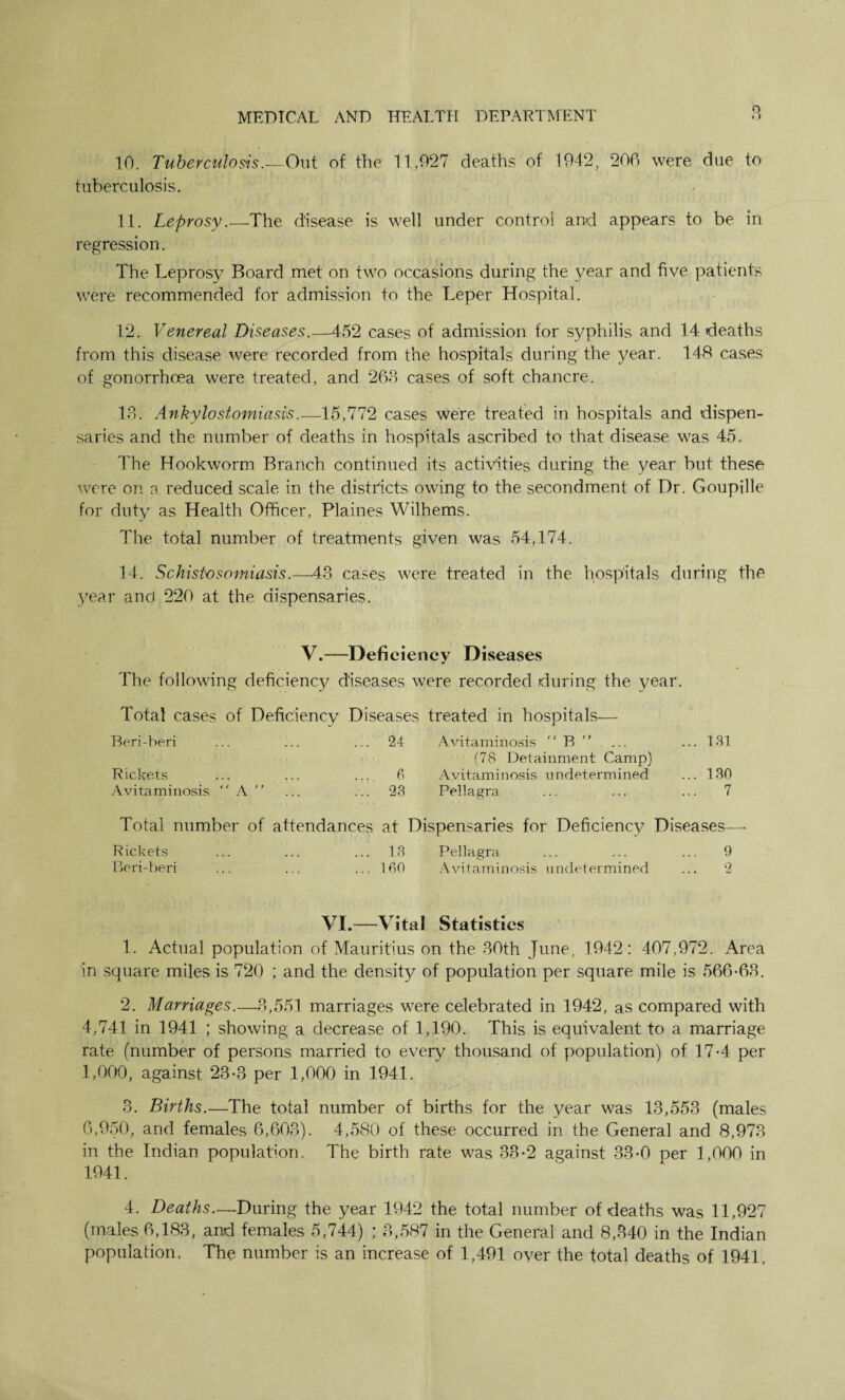 o 10. Tuberculosis.—Out of the 11,927 deaths of 1942, 206 were, due to tuberculosis. 11. Leprosy.—The disease is well under control and appears to be in regression. The Leprosy Board met on two occasions during the year and five patients were recommended for admission to the Leper Hospital. 12. Venereal Diseases.—452 cases of admission for syphilis and 14 deaths from this disease were recorded from the hospitals during the year. 148 cases of gonorrhoea were treated, and 263 cases of soft chancre. 13. Ankylostomiasis.—15,772 cases were treated in hospitals and dispen¬ saries and the number of deaths in hospitals ascribed to that disease was 45. The Hookworm Branch continued its activities during the year but these were on a reduced scale in the districts owing to the secondment of Dr. Goupille for duty as Health Officer, Plaines Wilhems. The total number of treatments given was 54,174. 14. Schistosomiasis.—43 cases were treated in the hospitals during the year and 220 at the dispensaries. V.—Deficiency Diseases The following deficiency diseases were recorded during the year. Total cases of Deficiency Diseases treated in hospitals— Beri-beri ... ... ... 24 Avitaminosis  B  ... ...131 (78 Detainment Camp) Rickets ... ... ... 6 Avitaminosis undetermined ... 130 Avitaminosis “ A  ... ... 23 Pellagra ... ... ... 7 Total number of attendances at Dispensaries for Deficiency Diseases—- Rickets ... ... ... 13 Pellagra ... ... ... 9 Beri-beri ... ... ... 160 Avitaminosis undetermined ... 2 VI.—Vital Statistics 1. Actual population of Mauritius on the 30th June, 1942: 407,972. Area in square miles is 720 ; and the density of population per square mile is 566-63. 2. Marriages.—3,551 marriages were celebrated in 1942, as compared with 4,741 in 1941 ; showing a decrease of 1,190. This is equivalent to a marriage rate (number of persons married to every thousand of population) of 17-4 per 1,000, against 23-3 per 1,000 in 1941. 3. Births.—The total number of births for the year was 13,553 (males 6,950, and females 6,603). 4,580 of these occurred in the General and 8,973 in the Indian population. The birth rate was 33-2 against 33-0 per 1,000 in 1941. 4. Deaths—During the year 1942 the total number of deaths was 11,927 (males 6,183, and females 5,744) ; 3,587 in the General and 8,340 in the Indian population. The number is an increase of 1,491 over the total deaths of 1941,