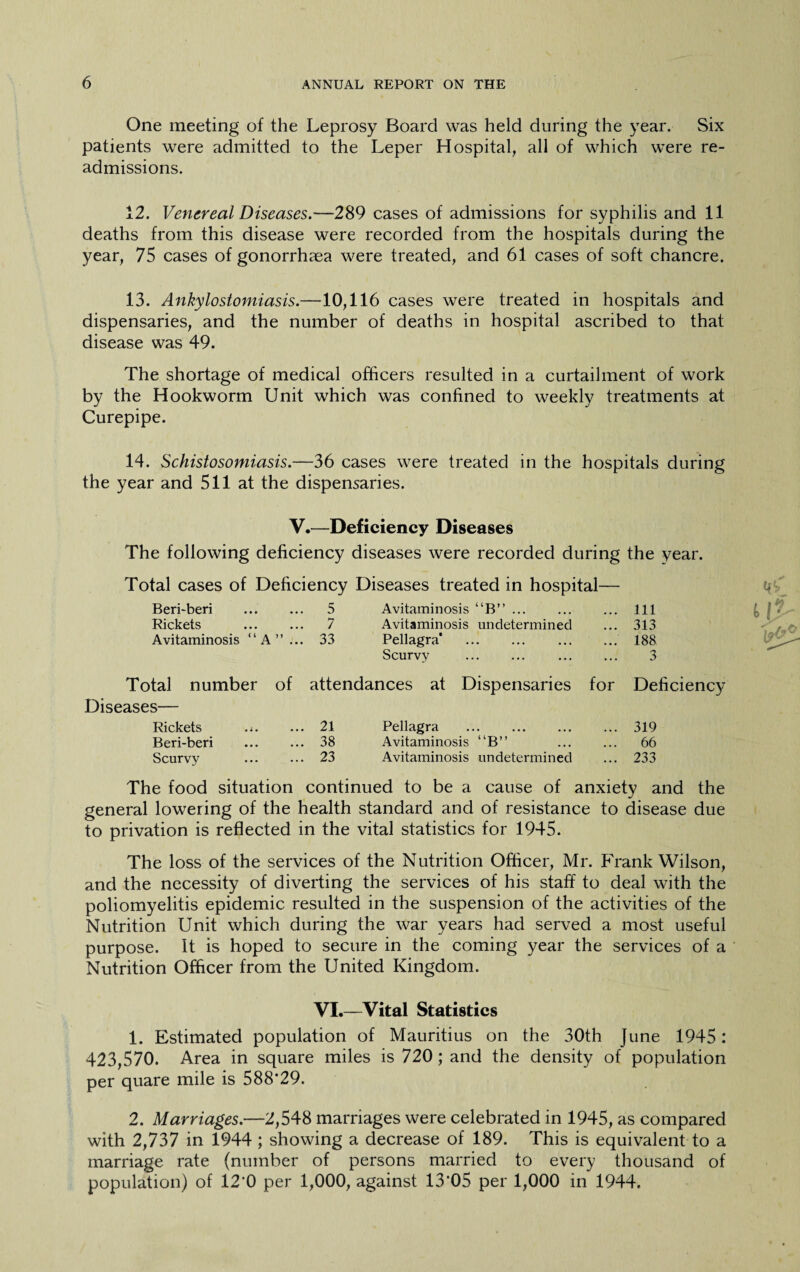 One meeting of the Leprosy Board was held during the year. Six patients were admitted to the Leper Hospital, all of which were re¬ admissions. 12. Venereal Diseases.—289 cases of admissions for syphilis and 11 deaths from this disease were recorded from the hospitals during the year, 75 cases of gonorrhaea were treated, and 61 cases of soft chancre. 13. Ankylostomiasis.—10,116 cases were treated in hospitals and dispensaries, and the number of deaths in hospital ascribed to that disease was 49. The shortage of medical officers resulted in a curtailment of work by the Hookworm Unit which was confined to weekly treatments at Curepipe. 14. Schistosomiasis.—36 cases were treated in the hospitals during the year and 511 at the dispensaries. V.—Deficiency Diseases The following deficiency diseases were recorded during the year. Total cases of Deficiency Diseases treated in hospital— Beri-beri . 5 Avitaminosis “B”. Ill Rickets ... ... 7 Avitaminosis undetermined ... 313 Avitaminosis “A”... 33 Pellagra' .188 Scurvy . 3 Total number of attendances at Dispensaries for Deficiency Diseases— Rickets ... 21 Pellagra . ... 319 Beri-beri • • • ... 38 Avitaminosis “B” 66 Scurvy • • • ... 23 Avitaminosis undetermined ... 233 The food situation continued to be a cause of anxiety and the general lowering of the health standard and of resistance to disease due to privation is reflected in the vital statistics for 1945. The loss of the services of the Nutrition Officer, Mr. Frank Wilson, and the necessity of diverting the services of his staff to deal with the poliomyelitis epidemic resulted in the suspension of the activities of the Nutrition Unit which during the war years had served a most useful purpose. It is hoped to secure in the coming year the services of a Nutrition Officer from the United Kingdom. VI.—Vital Statistics 1. Estimated population of Mauritius on the 30th June 1945: 423,570. Area in square miles is 720 ; and the density of population per quare mile is 588*29. 2. Marriages.—2,548 marriages were celebrated in 1945, as compared with 2,737 in 1944; showing a decrease of 189. This is equivalent to a marriage rate (number of persons married to every thousand of population) of 12*0 per 1,000, against 13*05 per 1,000 in 1944.