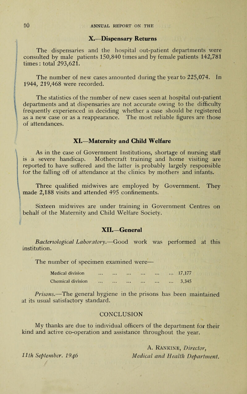 X.—Dispensary Returns The dispensaries and the hospital out-patient departments were consulted by male patients 150,840 times and by female patients 142,781 times: total 293,621. The number of new cases amounted during the year to 225,074. In 1944, 219,468 were recorded. The statistics of the number of new cases seen at hospital out-patient departments and at dispensaries are not accurate owing to the difficulty frequently experienced in deciding whether a case should be registered as a new case or as a reappearance. The most reliable figures are those of attendances. XI.—Maternity and Child Welfare I As in the case of Government Institutions, shortage of nursing staff is a severe handicap. Mothercraft training and home visiting are reported to have suffered and the latter is probably largely responsible for the falling off of attendance at the clinics by mothers and infants. Three qualified midwives are employed by Government. They made 2,188 visits and attended 495 confinements. Sixteen midwives are under training in Government Centres on behalf of the Maternity and Child Welfare Society. XII.—General Bacteriological Laboratory.—Good work was performed at this institution. The number of specimen examined were— Medical division ... . . 17,177 Chemical division . . 3,345 Prisons.—The general hygiene in the prisons has been maintained at its usual satisfactory standard. CONCLUSION My thanks are due to individual officers of the department for their kind and active co-operation and assistance throughout the year. A. Rankine, Directory Uth September. 1946 Medical and Health Department. /