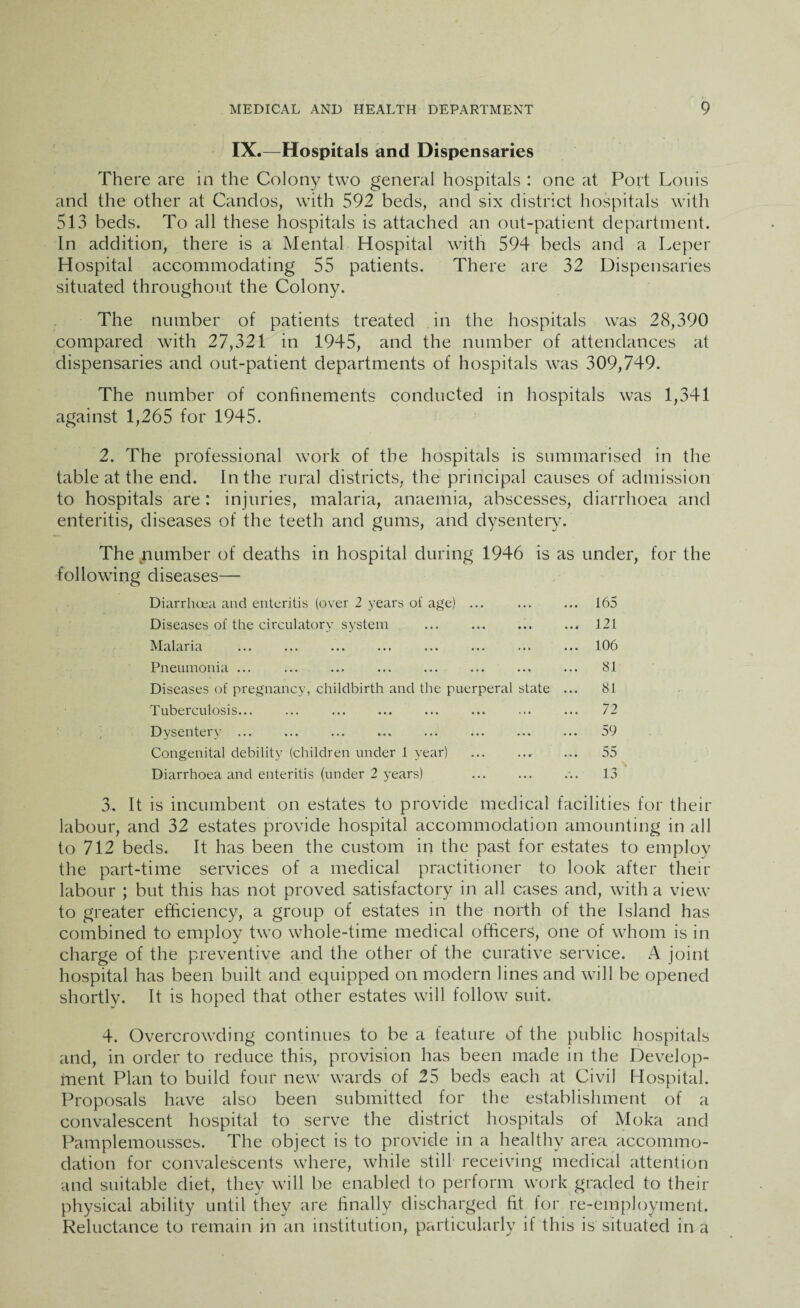 IX.—Hospitals and Dispensaries There are in the Colony two general hospitals : one at Port Louis and the other at Candos, with 592 beds, and six district hospitals with 513 beds. To all these hospitals is attached an out-patient department. In addition, there is a Mental Hospital with 594 beds and a Leper Hospital accommodating 55 patients. There are 32 Dispensaries situated throughout the Colony. The number of patients treated in the hospitals was 28,390 compared with 27,321 in 1945, and the number of attendances at dispensaries and out-patient departments of hospitals was 309,749. The number of confinements conducted in hospitals was 1,341 against 1,265 for 1945. 2. The professional work of the hospitals is summarised in the table at the end. In the rural districts, the principal causes of admission to hospitals are: injuries, malaria, anaemia, abscesses, diarrhoea and enteritis, diseases of the teeth and gums, and dysentery. The number of deaths in hospital during 1946 is as under, for the following diseases— Diarrhoea and enteritis (over 2 years of age) ... ... 165 Diseases of the circulatory system • • • • • *■ 121 Malaria • • » • • • 106 Pneumonia ... • • • * • • 81 Diseases of pregnancy, childbirth and the puerperal state ... 81 Tuberculosis... ... . ... 72 Dysentery ... • • • « • • 59 Congenital debility (children under 1 year) 55 Diarrhoea and enteritis (under 2 years) ... ... 13 3. It is incumbent on estates to provide medical facilities for their labour, and 32 estates provide hospital accommodation amounting in all to 712 beds. It has been the custom in the past for estates to employ the part-time services of a medical practitioner to look after their labour ; but this has not proved satisfactory in all cases and, with a view to greater efficiency, a group of estates in the north of the Island has combined to employ two whole-time medical officers, one of whom is in charge of the preventive and the other of the curative service. A joint hospital has been built and equipped on modern lines and will be opened shortly. It is hoped that other estates will follow suit. 4. Overcrowding continues to be a feature of the public hospitals and, in order to reduce this, provision has been made in the Develop¬ ment Plan to build four new wards of 25 beds each at Civil Hospital. Proposals have also been submitted for the establishment of a convalescent hospital to serve the district hospitals of Moka and Pamplemousses. The object is to provide in a healthy area accommo¬ dation for convalescents where, while still receiving medical attention and suitable diet, they will be enabled to perform work graded to their physical ability until they are finally discharged fit for re-employment. Reluctance to remain in an institution, particularly if this is situated in a