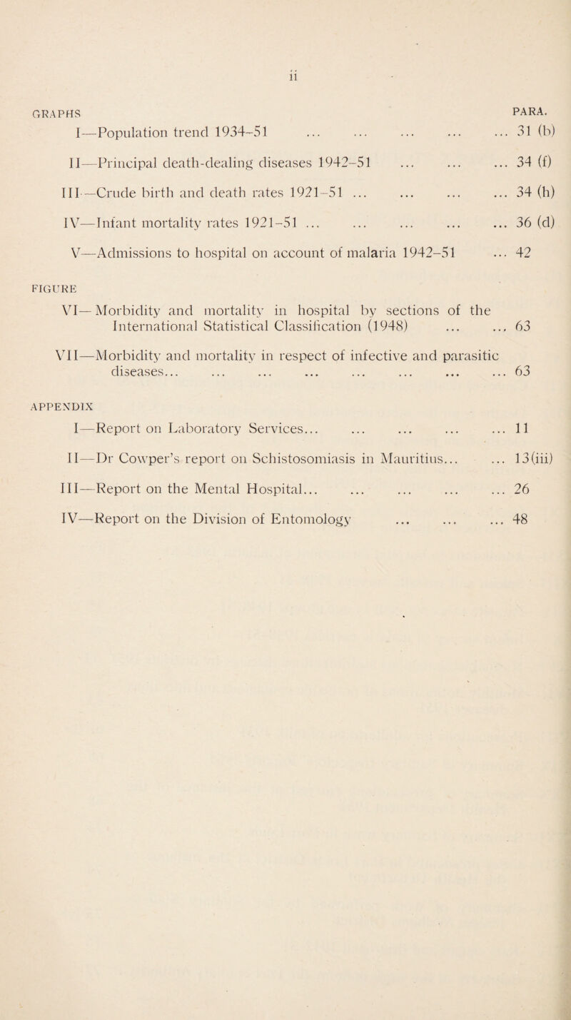 11 GRAPHS PARA. I—Population trend 1934-51 ... ... ... ... ... 31 (b) II—Principal death-dealing diseases 1942-51 ... ... ... 34 (f) IIP—Crude birth and death rates 1921-51 ... ... ... ... 34 (h) IV—Infant mortality rates 1921-51 ... ... ... ... ... 36 (d) V—Admissions to hospital on account of malaria 1942-51 ... 42 FIGURE VI— Morbidity and mortality in hospital by sections of the International Statistical Classification (1948) ... ... 63 VII—Morbidity and mortality in respect of infective and parasitic diseases... ... ... ... ... ... ... ... 63 APPENDIX I—Report on Laboratory Services... ... ... ... ... 11 II—Dr Cowper’s report on Schistosomiasis in Mauritius... ... 13(iii) III— Report on the Mental Hospital... ... ... ... ... 26 IV— Report on the Division of Entomology ... ... ... 48