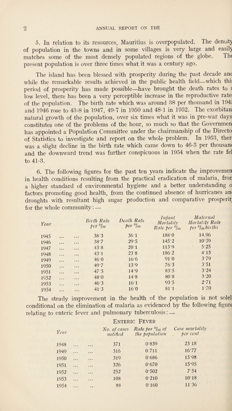5. In relation to its resources, Mauritius is overpopulated. The density of population in the towns and in some villages is very large and easity matches some of the most densely populated regions of the globe. Ihe present population is over three times what it was a century ago. The island has been blessed with prosperity during the past decade anc while the remarkable results achieved in the public health field—which this period of prosperity has made possible—have brought the death rates to £ low level, there has been a very perceptible increase in the reproductive rate; of the population. The birth rate which was around 38 per thousand in 19T and 1946 rose to 43-8 in 1947, 49-7 in 1950 and 48-1 in 1952. The exorbitan natural growth of the population, over six times what it was in pre-war days constitutes one of the problems of the hour, so much so that the Governmen has appointed a Population Committee under the chairmanship of the Directo of Statistics to investigate and report on the whole problem. In 1953, then was a slight decline in the birth rate which came down to 46-3 per thousam and the downward trend was further conspicuous in 1954 when the rate fel to 41-3. 6. The following figures for the past ten years indicate the improvemen in health conditions resulting from the practical eradication of malaria, fron a higher standard of environmental hygiene and a better understanding o factors promoting good health, from the continued absence of hurricanes an< droughts with resultant high sugar production and comparative prosperit; for the whole community: — Year 1945 1946 1947 1948 1949 1950 1951 1952 1953 1954 Birth Rate Death Rate Infant Mortality Maternal Mortality Rate o o per 7oo Rate per 6loo Per °loo births 38-3 361 188-0 14.96 38-7 29-5 1452 10-39 43-8 201 113 9 5'25 43-1 23-8 186-2 4‘13 46 0 166 910 3-79 497 139 76-3 3 51 47-5 149 83-5 3-24 48'0 14-8 80-8 3-20 46-3 161 93'5 2-71 413 16-0 811 170 The steady improvement in the health of the population is not sole! conditional on the elimination of malaria as evidenced by the following figure relating to enteric fever and pulmonary tuberculosis: — Enteric Fever Year No. of cases notified 1948 ... 371 1949 ... 316 1950 ... 319 1951 ... 326 1952 ... 252 1953 ... 108 1954 ... 88 Rate per °/oo of Case mortality the population per cent 0:839 23U8 0711 1677 0-686 15 98 0-670 15-95 0 502 7'54 0210 1018 0160 1136