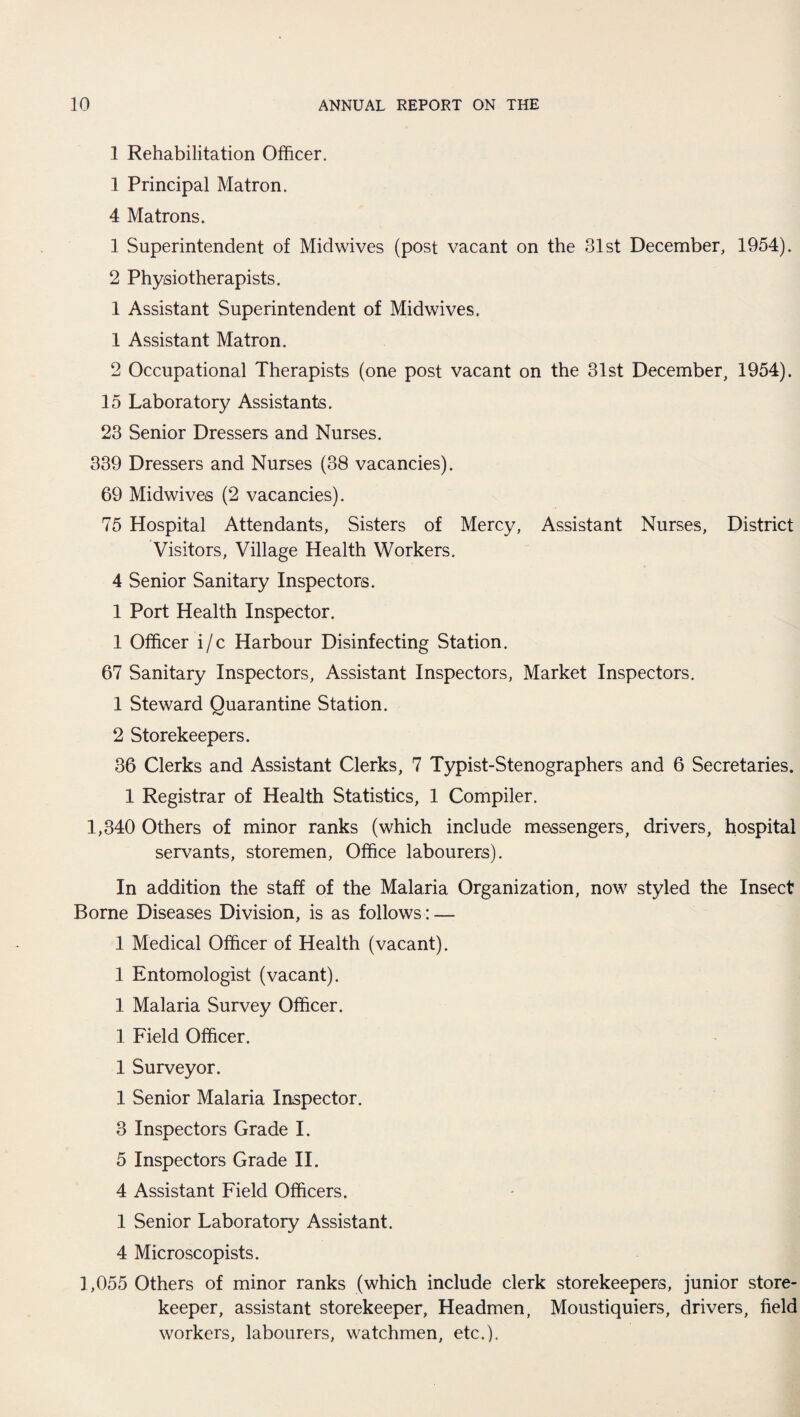 1 Rehabilitation Officer. 1 Principal Matron. 4 Matrons. 1 Superintendent of Mid wives (post vacant on the 31st December, 1954). 2 Physiotherapists. 1 Assistant Superintendent of Midwives. 1 Assistant Matron. 2 Occupational Therapists (one post vacant on the 31st December, 1954). 15 Laboratory Assistants. 23 Senior Dressers and Nurses. 339 Dressers and Nurses (38 vacancies). 69 Midwives (2 vacancies). 75 Hospital Attendants, Sisters of Mercy, Assistant Nurses, District Visitors, Village Health Workers. 4 Senior Sanitary Inspectors. 1 Port Health Inspector. 1 Officer i/c Harbour Disinfecting Station. 67 Sanitary Inspectors, Assistant Inspectors, Market Inspectors. 1 Steward Quarantine Station. 2 Storekeepers. 36 Clerks and Assistant Clerks, 7 Typist-Stenographers and 6 Secretaries. 1 Registrar of Health Statistics, 1 Compiler. 1,340 Others of minor ranks (which include messengers, drivers, hospital servants, storemen, Office labourers). In addition the staff of the Malaria Organization, now styled the Insect Borne Diseases Division, is as follows : — 1 Medical Officer of Health (vacant). 1 Entomologist (vacant). 1 Malaria Survey Officer. 1 Field Officer. 1 Surveyor. 1 Senior Malaria Inspector. 3 Inspectors Grade I. 5 Inspectors Grade II. 4 Assistant Field Officers. 1 Senior Laboratory Assistant. 4 Microscopists. 1,055 Others of minor ranks (which include clerk storekeepers, junior store¬ keeper, assistant storekeeper, Headmen, Moustiquiers, drivers, field workers, labourers, watchmen, etc.).