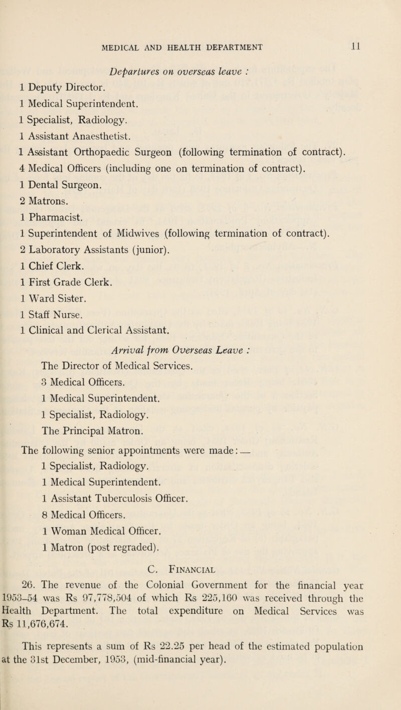 Departures on overseas leave : 1 Deputy Director. 1 Medical Superintendent. 1 Specialist, Radiology. 1 Assistant Anaesthetist. 1 Assistant Orthopaedic Surgeon (following termination of contract). 4 Medical Officers (including one on termination of contract). 1 Dental Surgeon. 2 Matrons. 1 Pharmacist. 1 Superintendent of Midwives (following termination of contract). 2 Laboratory Assistants (junior). 1 Chief Clerk. 1 First Grade Clerk. 1 Ward Sister. 1 Staff Nurse. 1 Clinical and Clerical Assistant. Arrival from Overseas Leave : The Director of Medical Services. 3 Medical Officers. 1 Medical Superintendent. 1 Specialist, Radiology. The Principal Matron. The following senior appointments were made: — 1 Specialist, Radiology. 1 Medical Superintendent. 1 Assistant Tuberculosis Officer. 8 Medical Officers. 1 Woman Medical Officer. 1 Matron (post regraded). C. Financial 26. The revenue of the Colonial Government for the financial year 1953-54 was Rs 97,778,504 of which Rs 225,160 was received through the Health Department. The total expenditure on Medical Services was Rs 11,676,674. This represents a sum of Rs 22.25 per head of the estimated population at the 31st December, 1953, (mid-financial year).
