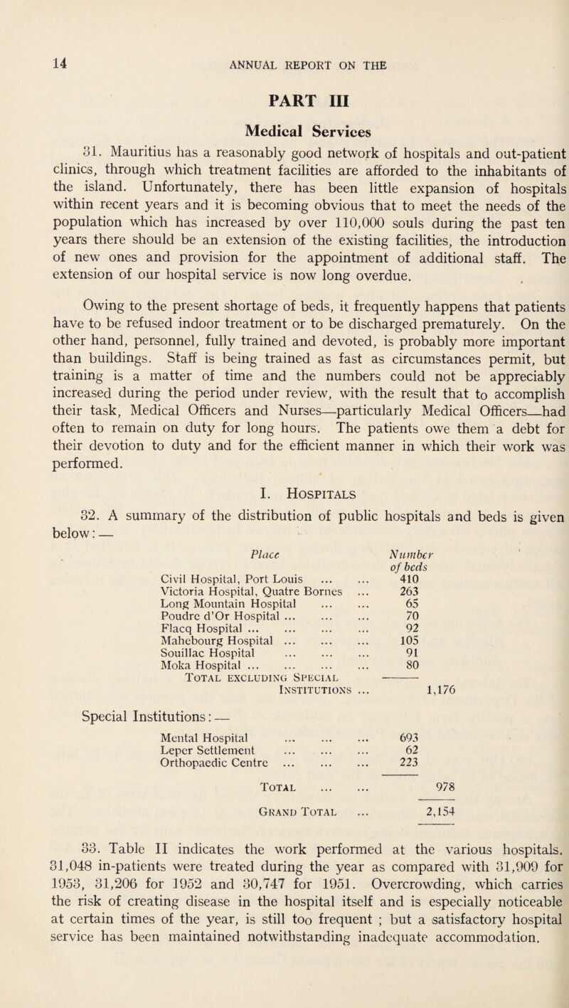 PART III Medical Services 31. Mauritius has a reasonably good network of hospitals and out-patient clinics, through which treatment facilities are afforded to the inhabitants of the island. Unfortunately, there has been little expansion of hospitals within recent years and it is becoming obvious that to meet the needs of the population which has increased by over 110,000 souls during the past ten years there should be an extension of the existing facilities, the introduction of new ones and provision for the appointment of additional staff. The extension of our hospital service is now long overdue. Owing to the present shortage of beds, it frequently happens that patients have to be refused indoor treatment or to be discharged prematurely. On the other hand, personnel, fully trained and devoted, is probably more important than buildings. Staff is being trained as fast as circumstances permit, but training is a matter of time and the numbers could not be appreciably increased during the period under review, with the result that to accomplish their task, Medical Officers and Nurses—particularly Medical Officers_had often to remain on duty for long hours. The patients owe them a debt for their devotion to duty and for the efficient manner in which their work was performed. I. Hospitals 32. A summary of the distribution of public hospitals and beds is given below: — Place Number of beds Civil Hospital, Port Louis ... ... 410 Victoria Hospital, Quatre Bornes ... 263 Long Mountain Hospital . 65 Poudre d’Or Hospital. 70 Flacq Hospital. ... 92 Mahebourg Hospital. 105 Souillac Hospital ... ... ... 91 Moka Hospital. 80 Total excluding Special -- Institutions ... 1,176 Special Institutions: — Mental Hospital ... ... ... 693 Leper Settlement . 62 Orthopaedic Centre ... 223 Total . 978 Grand Total ... 2,154 33. Table II indicates the work performed at the various hospitals. 31,048 in-patients were treated during the year as compared with 31,909 for 1953, 31,206 for 1952 and 30,747 for 1951. Overcrowding, which carries the risk of creating disease in the hospital itself and is especially noticeable at certain times of the year, is still too frequent ; but a satisfactory hospital service has been maintained notwithstanding inadequate accommodation.