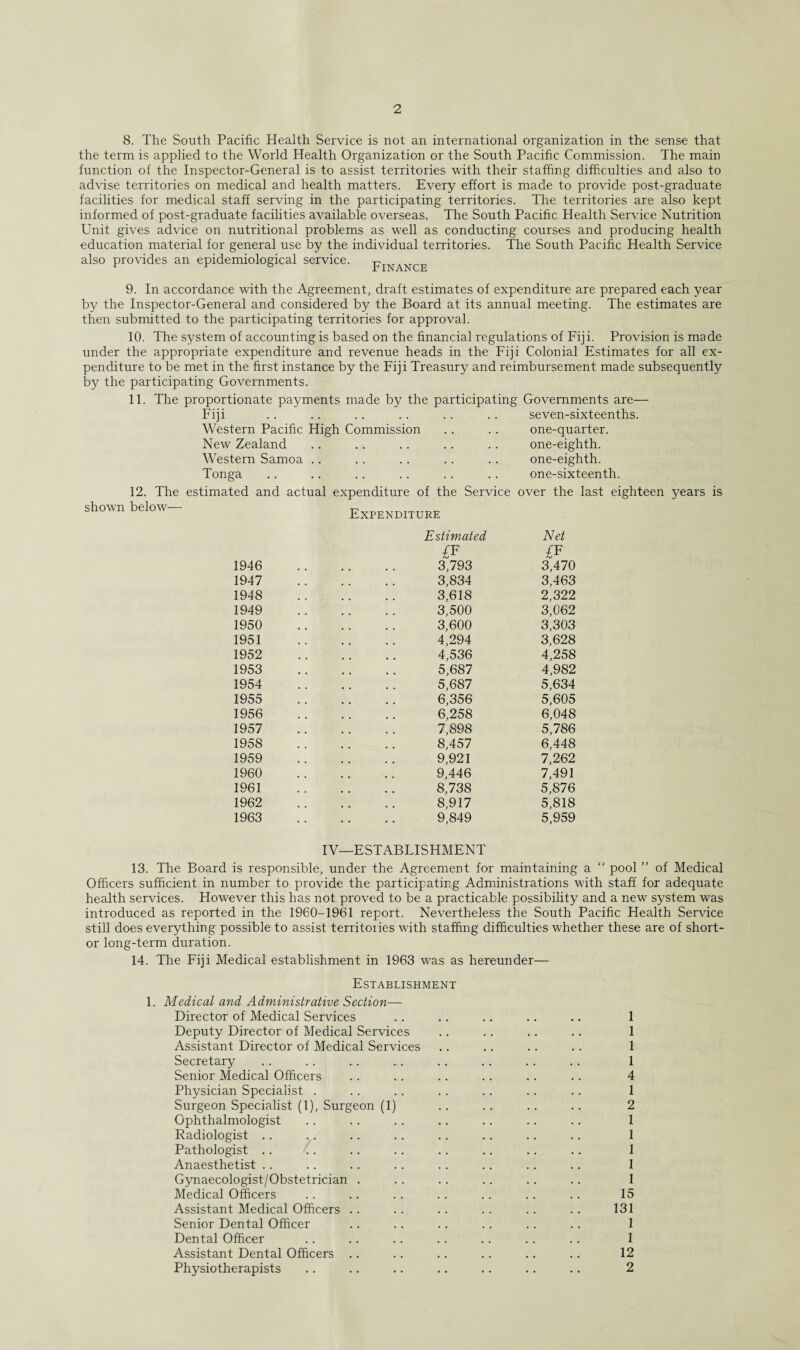 8. The South Pacific Health Service is not an international organization in the sense that the term is applied to the World Health Organization or the South Pacific Commission. The main function of the Inspector-General is to assist territories with their staffing difficulties and also to advise territories on medical and health matters. Every effort is made to provide post-graduate facilities for medical staff serving in the participating territories. The territories are also kept informed of post-graduate facilities available overseas. The South Pacific Health Service Nutrition Unit gives advice on nutritional problems as well as conducting courses and producing health education material for general use by the individual territories. The South Pacific Health Service also provides an epidemiological service. Finance 9. In accordance with the Agreement, draft estimates of expenditure are prepared each year by the Inspector-General and considered by the Board at its annual meeting. The estimates are then submitted to the participating territories for approval. 10. The system of accounting is based on the financial regulations of Fiji. Provision is made under the appropriate expenditure and revenue heads in the Fiji Colonial Estimates for all ex¬ penditure to be met in the first instance by the Fiji Treasury and reimbursement made subsequently by the participating Governments. 11. The proportionate payments made by the participating Governments are— Fiji .. .. .. .. .. .. seven-sixteenths. Western Pacific High Commission New Zealand Western Samoa Tonga 12. The estimated and actual expenditure of the Service over the last eighteen years is shown below- Expenditure one-quarter. one-eighth. one-eighth. one-sixteenth. 1946 1947 1948 1949 1950 1951 1952 1953 1954 1955 1956 1957 1958 1959 1960 1961 1962 1963 Estimated Net £F 3,793 3,470 3,834 3,463 3,618 2,322 3,500 3,062 3,600 3,303 4,294 3,628 4,536 4,258 5,687 4,982 5,687 5,634 6,356 5,605 6,258 6,048 7,898 5,786 8,457 6,448 9,921 7,262 9,446 7,491 8,738 5,876 8,917 5,818 9,849 5,959 IV—ESTABLISHMENT 13. The Board is responsible, under the Agreement for maintaining a “ pool ” of Medical Officers sufficient in number to provide the participating Administrations with staff for adequate health services. However this has not proved to be a practicable possibility and a new system was introduced as reported in the 1960-1961 report. Nevertheless the South Pacific Health Service still does everything possible to assist territoiies with staffing difficulties whether these are of short - or long-term duration. 14. The Fiji Medical establishment in 1963 was as hereunder— Establishment 1. Medical and Administrative Section— Director of Medical Services .. .. .. .. .. 1 Deputy Director of Medical Services .. .. .. .. 1 Assistant Director of Medical Services .. .. .. .. 1 Secretary .. .. .. .. .. .. .. .. 1 Senior Medical Officers .. .. .. .. .. .. 4 Physician Specialist . .. .. .. .. .. .. 1 Surgeon Specialist (1), Surgeon (1) .. .. .. .. 2 Ophthalmologist .. .. .. .. .. .. .. 1 Radiologist .. .. .. .. .. .. .. .. 1 Pathologist .. . .. .. .. .. .. .. 1 Anaesthetist .. .. .. .. .. .. .. .. 1 Gynaecologist/Obstetrician . .. .. .. .. .. 1 Medical Officers .. .. .. .. .. .. .. 15 Assistant Medical Officers .. .. .. .. .. .. 131 Senior Dental Officer .. .. .. .. .. .. 1 Dental Officer .. .. .. .. .. .. .. 1 Assistant Dental Officers .. .. .. .. .. .. 12 Physiotherapists .. .. .. .. .. .. .. 2