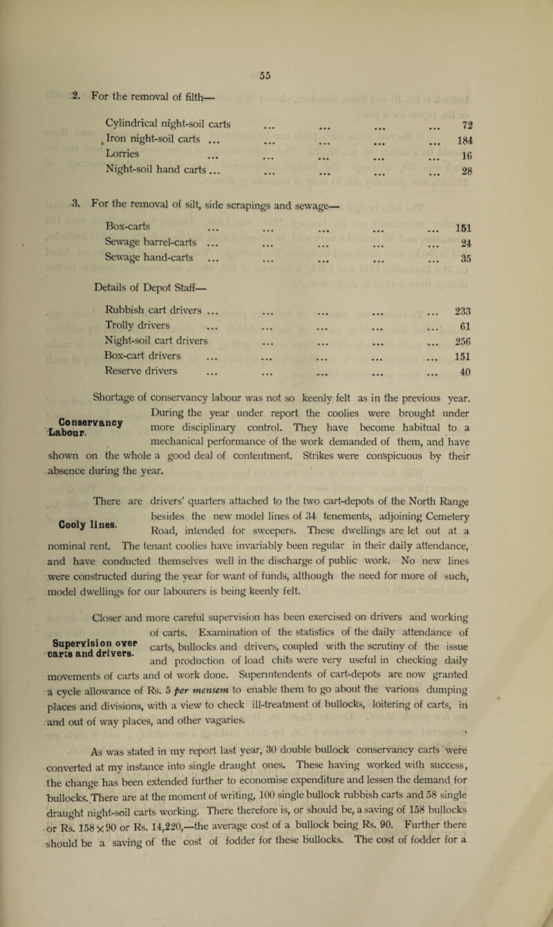 2. For the removal of filth— Cylindrical night-soil carts # Iron night-soil carts ... Lorries Night-soil hand carts... 72 184 16 28 ■ 3. For the removal of silt, side scrapings and sewage— Box-carts ... ... ... ... ... 151 Sewage barrel-carts ... ... ... ... ... 24 Sewage hand-carts ... ... ... ... ... 35 Details of Depot Staff— Rubbish cart drivers ... ... ... ... ... 233 Trolly drivers ... ... ... ... ... 61 Night-soil cart drivers ... ... ... ... 256 Box-cart drivers ... ... ... ... ... 151 Reserve drivers ... ... ... ... ... 40 Shortage of conservancy labour was not so keenly felt as in the previous year. During the year under report the coolies were brought under more disciplinary control. They have become habitual to a mechanical performance of the work demanded of them, and have shown on the whole a good deal of contentment. Strikes were conspicuous by their . absence during the year. Conservancy Labour. There are drivers’ quarters attached to the two cart-depots of the North Range besides the new model lines of 34 tenements, adjoining Cemetery Cooly lines. Road, intended for sweepers. These dwellings are let out at a nominal rent. The tenant coolies have invariably been regular in their daily attendance, and have conducted themselves well in the discharge of public work. No new lines were constructed during the year for want of funds, although the need for more of such, model dwellings for our labourers is being keenly felt. Closer and more careful supervision has been exercised on drivers and working of carts. Examination of the statistics of the daily attendance of Supervision oyer carj-s bullocks and drivers, coupled with the scrutiny of the issue carts and drivers. ’ ,. ,. . ... and production of load chits were very useful in checking daily movements of carts and of work done. Superintendents of cart-depots are now granted a cycle allowance of Rs. 5 per mensem to enable them to go about the various dumping places and divisions, with a view to check ill-treatment of bullocks, loitering of carts, in and out of way places, and other vagaries. As was stated in my report last year, 30 double bullock conservancy carts' were converted at my instance into single draught ones. These having worked with success, the change has been extended further to economise expenditure and lessen the demand for bullocks. There are at the moment of writing, 100 single bullock rubbish carts and 58 single draught night-soil carts working. There therefore is, or should be, a saving of 158 bullocks or Rs. 158x90 or Rs. 14,220,—the average cost of a bullock being Rs. 90. Further there should be a saving of the cost of fodder for these bullocks. The cost of fodder for a