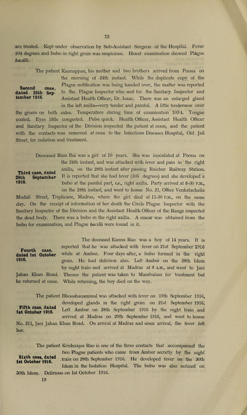 are treated. Kept under observation by Sub-Assistant Surgeon of the Hospital. Fever 104 degrees and bubo in right groin was suspicious. Blood examination showed Plague bacilli. The patient Kannappan, his mother and two brothers arrived from Poona on the morning of =24th instant. While the duplicate copy of the Plague notification was being handed over, the matter was reported to the Plague Inspector who sent for the Sanitary Inspector and Assistant Health Officer, Dr. Isaac. There was an enlarged gland in the left axilla—very tender and painful. A little tenderness over the groins on both sides. Temperature during time of examination 103-4. Tongue coated. Eyes little congested. Pulse quick. Health Officer, Assistant Health Officer and Sanitary Inspector of the Division inspected the patient at noon, and the patient with the contacts was removed at once to the Infectious Diseases Hospital, Old Jail Street for isolation and treatment. Second case, dated 25th Sep¬ tember 1916. Third case, dated 29th September 1916. Deceased Ram Bai was a girl of 10 years. She was inoculated at Poona on the 24th instant, and was attacked with fever and pain in the right axilla, on the 28th instant after passing Raichur Railway Station. It is reported that she had fever (105 degrees) and she developed a bubo at the painful part, i.e., right axilla. Party arrived at 6-30 P.M., on the 28th instant, and went to house No. 21, Office Venkatachella Mudali Street, Triplicane, Madras, where the girl died at 11-30 P.M., on the same day. On the receipt of information of her death the Circle Plague Inspector with the Sanitary Inspector of the Division and the Assistant Health Officer of the Range inspected the dead body. There was a bubo in the right axilla. A smear was obtained from the bubo for examination, and Plague bacilli were found in it. The deceased Kannu Rao was a boy of 14 years. It is reported that he was attacked with fever on 21st September 1916 Fourth case, dated 1st October while at Ambur. Four days after, a bubo formed in the right 1916. groin. He had delirium also. Left Ambur on the 28th Idem by night train and arrived at Madras at 8 A.M., and went to Jani Jahan Khan Road. Thence the patient was taken to Mambalam for treatment but he returned at once. While returning, the boy died on the way. The patient Bhooshanammal was attacked with fever on 19th September 1916, developed glands in the right groin on 21st September 1916. 1st* October 1916^ Left ^m^ur on 28th September 1916 by the night train and arrived at Madras on 29 th September 1916, and went to house No. 211, Jani Jahan Khan Road. On arrival at Madras and since arrival, the fever left her. The patient Krishnajee Rao is one of the three contacts that accompanied the two Plague patients who came from Ambur secretly by the night 1st October -train on 28th September 1916. He developed fever on the 30th Idem in the Isolation Hospital. The bubo was also noticed on 30th Idem. Delirious on 1st October 1916. 19
