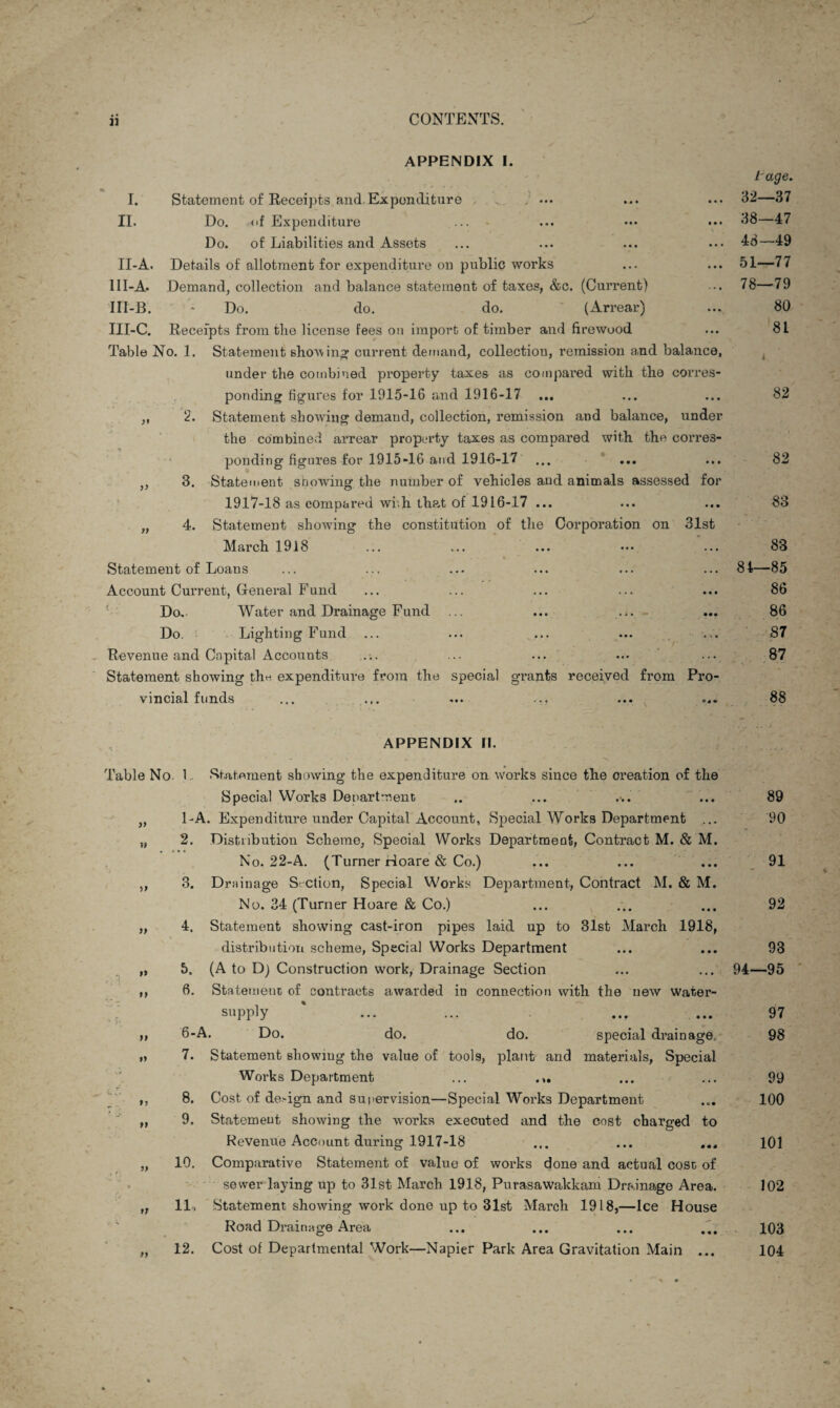 APPENDIX I. Statement of Receipts and, Expenditure . ... j ... Do. of Expenditure Do. of Liabilities and Assets Details of allotment for expenditure on public works Demand, collection and balance statement of taxes, &c. (Current) Do. do. do. (Arrear) Receipts from the license fees on import of timber and firewood I. II. II-A. 1II-A. III-B. III-C. Table No. 1. Statement showing current demand, collection, remission and balance, under the combined property taxes as compared with the corres¬ ponding figures for 1915-16 and 1916-17 2. Statement showing demand, collection, remission and balance, under the combined arrear property taxes as compared with the corres¬ ponding figures for 1915-16 and 1916-17 3. Statement snowing the number of vehicles and animals assessed for 1917-18 as compared wi,h that of 1916-17 ... „ 4. Statement showing the constitution of the Corporation on 31st March 1918 Statement of Loans Account Current, General Fund Do. Water and Drainage Fund Do. Lighting Fund Revenue and Capital Accounts Statement showing the expenditure from the special grants received from Pro¬ vincial funds >9 9> APPENDIX II. Table No. 1 Statement showing the expenditure on works since the creation of the Special Works Department .. ... .... ... LA. Expenditure under Capital Account, Special Works Department ... 2. Distribution Scheme, Special Works Department, Contract M. & M. No. 22-A. (Turner rioare & Co.) 3. Drainage S ction, Special Works Department, Contract M. & M. No. 34 (Turner Hoare & Co.) 4. Statement showing cast-iron pipes laid up to 31st March 1918, distribution scheme, Special Works Department 5. (A to D) Construction work, Drainage Section 6. Statement of contracts awarded in connection with the new water- supply 6-A. Do. do. do. special drainage. 7. Statement showing the value of tools, plant and materials, Special Works Department ... 8. Cost of de-ign and supervision—Special Works Department 9. Statement showing the works executed and the cost charged to Revenue Account during 1917-18 ... ... 10. Comparative Statement of value of works done and actual cost of sewer laying up to 31st March 1918, Purasawakkam Drainage Area. 1L Statement showing work done up to 31st March 1918,—Ice House » )> »> )) »> »5 »» ft Road Drainage Area 12. Cost of Departmental Work—Napier Park Area Gravitation Main tage. 32—37 38—47 48—49 51—77 78—79 80 81 82 82 83 83 81—85 86 86 87 87 88 89 90 91 92 93 94—95 97 98 99 100 101 102 103 104