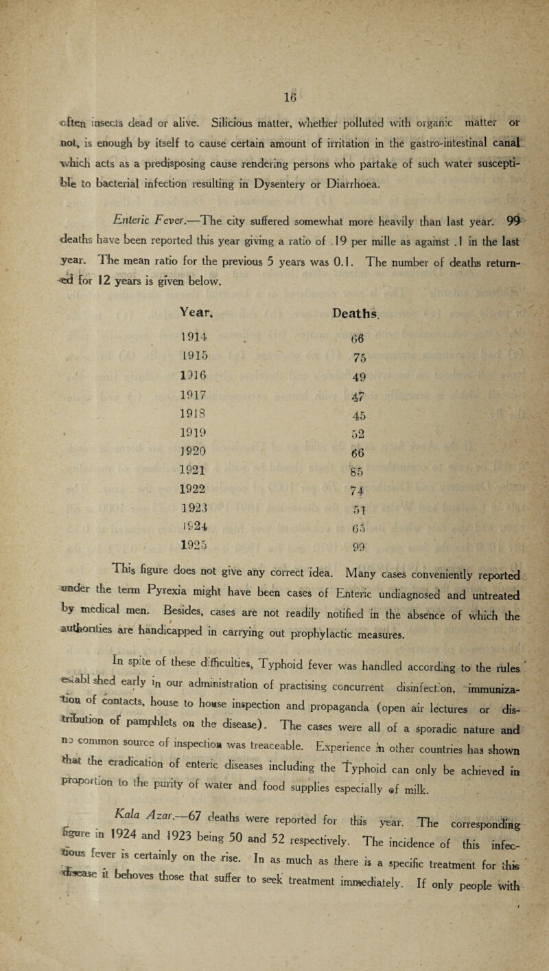 cftcn insects dead or alive. Silicious matter. Whether polluted with organic matter or not, is enough by itself to cause certain amount of irritation in the gastrointestinal canal which acts as a predisposing cause rendering persons who partake of such water suscepti¬ ble to bacterial infection resulting in Dysentery or Diarrhoea. Enteric Fever.—The city suffered somewhat more heavily than last year. 99 deaths have been reported this year giving a ratio of . 19 per mille as against . 1 in the last year. The mean ratio for the previous 5 year's was 0.1. The number of deaths return¬ ed for 12 years is given below. Year. 1914 1915 1916 1917 1918 1919 1920 1921 1922 1923 1924 1925 Deaths. 66 75 49 47 45 52 66 85 74 51 65 99 . / This figute does not give any correct idea. Many cases conveniently reported vndei the teim Pyrexia might have been cases of Enteric undiagnosed and untreated by medical men. Besides, cases are not readily notified in the absence of which the authorities are handicapped in carrying out prophylactic measures. In spite of these difficulties. Typhoid fever was handled according to the rules es.abl shed early i„ our administration of practising concurrent disinfection, 'immuniza¬ tion of contacts, house to house inspection and propaganda (open air lectures or dis¬ tribution of pamphlets on the disease). The cases were all of a sporadic nature and no common source of inspection was treaceable. Experience in other countries has shown that the eradication of enteric diseases including the Typhoid can only be achieved in proportion to the purity of water and food supplies especially «f milk. Kala Azar. 67 deaths were reported for this year. The corresponding ngure ,n 1924 and 1923 being 50 and 52 respectively. The incidence of this infec- fCT£r ,S CertamIy °n the rise- In as “ there is a specific treatment for this * U behoves those that suffer to seek’ treatment immediately. If only people with