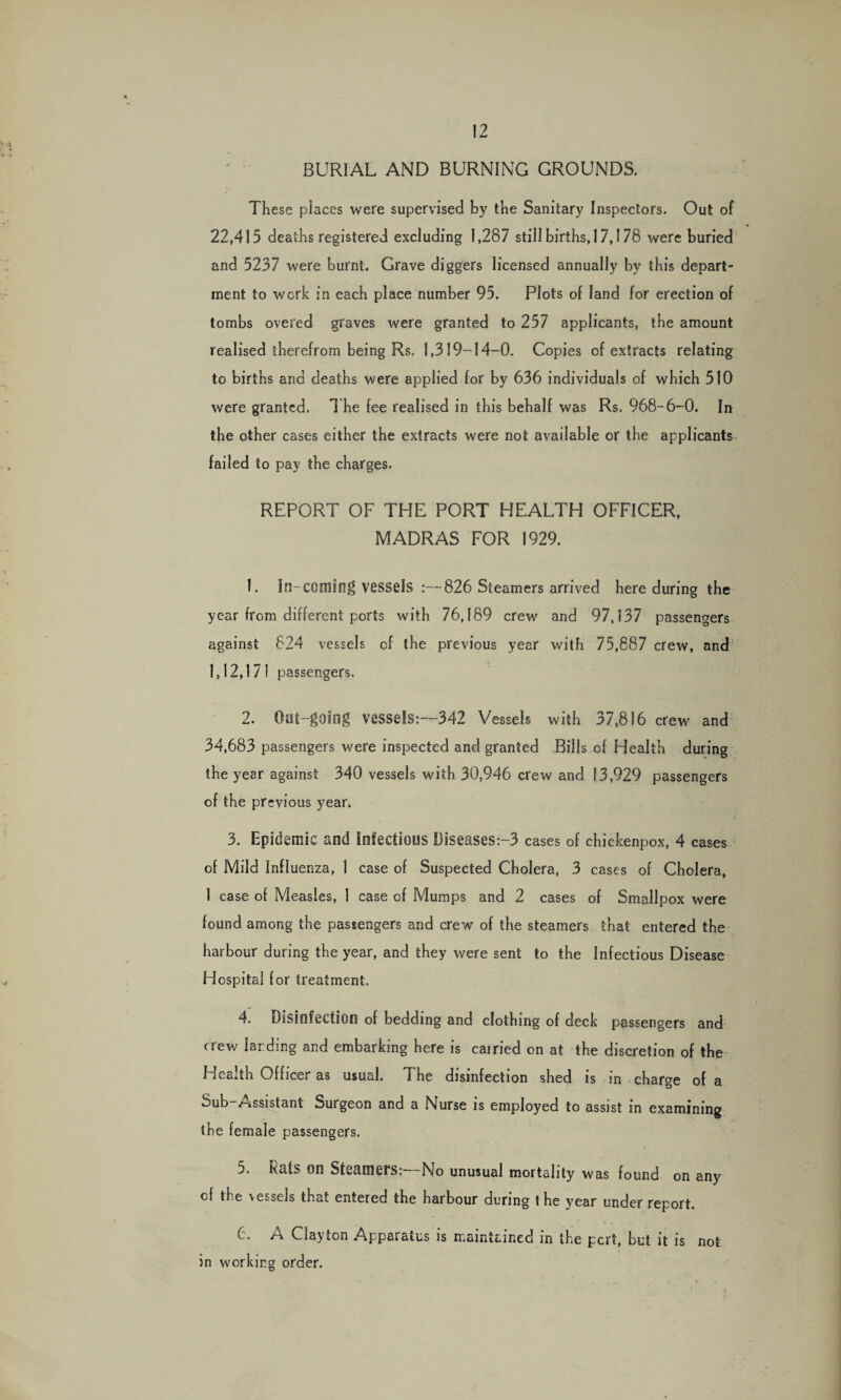 BURIAL AND BURNING GROUNDS. These places were supervised by the Sanitary Inspectors. Out of 22,415 deaths registered excluding 1,287 still births, 17,178 were buried and 5237 were burnt. Grave diggers licensed annually by this depart¬ ment to work in each place number 95. Plots of land for erection of tombs overed graves were granted to 257 applicants, the amount realised therefrom being Rs. 1,319-14-0. Copies of extracts relating to births and deaths were applied for by 636 individuals of which 510 were granted. The fee realised in this behalf was Rs. 968-6-0. In the other cases either the extracts were not available or the applicants failed to pay the charges. REPORT OF THE PORT HEALTH OFFICER, MADRAS FOR 1929. 1. In-coming vessels :—826 Steamers arrived here during the year from different ports with 76,189 crew and 97,137 passengers against 824 vessels of the previous year with 75,887 crew, and 1,12,171 passengers. 2. Oat-going vessels:—342 Vessels with 37,816 crew and 34,683 passengers were inspected and granted Bills of Health during the year against 340 vessels with 30,946 crew and 13,929 passengers of the previous year. 3. Epidemic and Infectious Diseases:-3 cases of chickenpox, 4 cases of Mild Influenza, 1 case of Suspected Cholera, 3 cases of Cholera, 1 case of Measles, 1 case of Mumps and 2 cases of Smallpox were found among the passengers and crew of the steamers that entered the harbour during the year, and they were sent to the Infectious Disease Hospital for treatment. 4. Disinfection of bedding and clothing of deck passengers and crew larding and embarking here is carried on at the discretion of the Health Officer as usual. The disinfection shed is in charge of a Sub-Assistant Surgeon and a Nurse is employed to assist in examining the female passengers. 5. Rats on Steamers:—No unusual mortality was found on any of the vessels that entered the harbour during the year under report. 6. A Clayton Apparatus is maintained in the pert, hut it is not in working order.