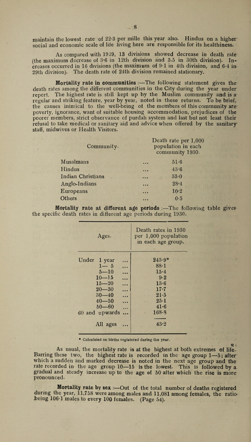 maintain the lowest rate of 22-3 per mille this year also. Hindus on a higher- social and economic scale of life living here are responsible for its healthiness. As compared with 1929, 13 divisions showed decrease in death rate (the maximum decrease of 3*6 in 12th division and 3.5 in 30th division). In¬ creases occurred in 16 divisions (the maximum of 9-1 in 4th division, and 6-4 in 29th division}. The death rate of 24th division remained stationary. Mortality rate in communities :—The following statement gives the death rates among the different communities in the City during the year under report. The highest rate is still kept up by the Muslim community and is a regular and striking feature, year by year, noted in these returns. To be brief, the causes inimical to the well-being of the members of this community are poverty, ignorance, want of suitable housing accommodation, prejudices of the poorer members, strict observance of purdah system and last but not least their refusal to take medical or sanitary aid and advice when offered by the sanitary staff, midwives or Health Visitors. Death rate per 1,000 Community. population in each community 1930- Musalmans • • • 51-6 Hindus • • • 43-6 Indian Christians • • • 33-0 Anglo-Indians • • • 28*4 Europeans • • • 10-2 Others • • • 0-5 Mortality rate at different age periods :•—The following table gives the specific death rates in different age periods during 1930. Ages. Death rates in 1930 per 1,000 population in each age group. Under 1 year 243-9* 1— 5 ... 88-1 5—10 ... 15-4 10—15 ... 9-2 15—20 ... 13-6 20—30 ... 17-7 30—40 ... 21-5 40—50 ... 25-1 50—60 ... 41-6 60 and upwards ... 168-8 All ages ... 43-2 • Calculated on births registered during the year. n i As usual, the mortality rate is at the highest at both extremes of life- Barring these two, the highest rate is recorded in the age group 1—5; after which a sudden and marked decrease is noted in the next age group and the rate recorded in the age group 10—15 is the lowest. This is followed by a gradual and steady increase up to the age of 50 after which the rise is more pronounced. Mortality rate by sex :—Out of the total number of deaths registered during the year, 11,758 were among males and 11,081 among females, the ratio being 106T males to every 100 females. (Page 54).