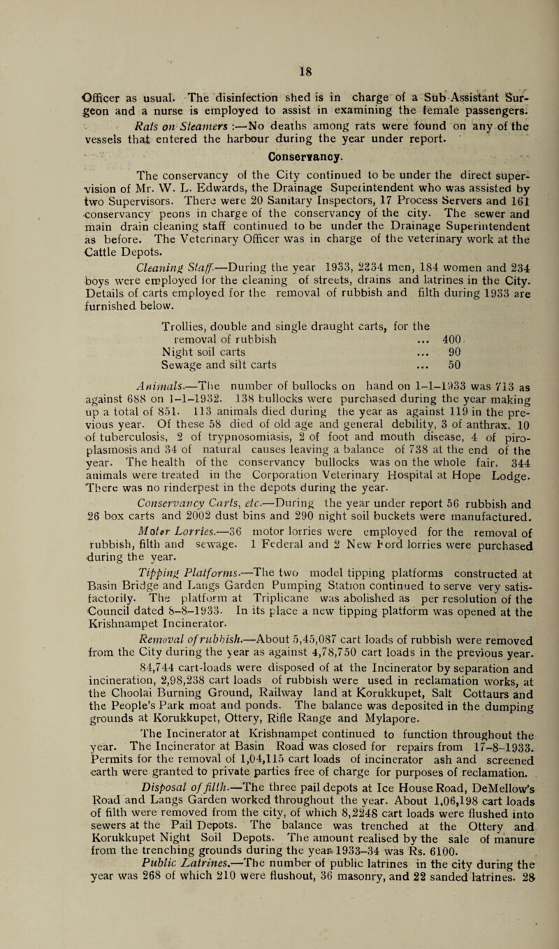 a f. f? • r Officer as usual. The disinfection shed is in charge of a Sub Assistant Sur¬ geon and a nurse is employed to assist in examining the female passengers. Rats on Steamers \—No deaths among rats were found on any of the vessels that entered the harbour during the year under report. Conservancy. The conservancy of the City continued to be under the direct super¬ vision of Mr. W. L. Edwards, the Drainage Superintendent who was assisted by two Supervisors. There were 20 Sanitary Inspectors, 17 Process Servers and 161 conservancy peons in charge of the conservancy of the city. The sewer and main drain cleaning staff continued to be under the Drainage Superintendent as before. The Veterinary Officer was in charge of the veterinary work at the Cattle Depots. Cleaning Staff-—During the year 1933, 2334 men, 184 women and 234 boys were employed for the cleaning of streets, drains and latrines in the City. Details of carts employed for the removal of rubbish and filth during 1933 are furnished below. Trollies, double and single draught carts, for the removal of rubbish ... 400. Night soil carts ... 90 Sewage and silt carts ... 50 Animals.—The number of bullocks on hand on 1-1-1933 was 713 as against 688 on 1-1-1932. 138 bullocks were purchased during the year making up a total of 851. 113 animals died during the year as against 119 in the pre¬ vious year. Of these 58 died of old age and general debility, 3 of anthrax, 10 of tuberculosis, 2 of trypnosomiasis, 2 of foot and mouth disease, 4 of piro- plasmosis and 34 of natural causes leaving a balance of 738 at the end of the year. The health of the conservancy bullocks was on the whole fair. 344 animals were treated in the Corporation Veterinary Hospital at Hope Lodge. There was no rinderpest in the depots during the year. Conservancy Carts, etc.—During the year under report 56 rubbish and 26 box carts and 2002 dust bins and 290 night soil buckets were manufactured. Motor Lorries.—36 motor lorries were employed for the removal of rubbish, filth and sewage. 1 Federal and 2 New bord lorries were purchased during the year. Tipping Platforms.—The two model tipping platforms constructed at Basin Bridge and Langs Garden Pumping Station continued to serve very satis¬ factorily. The platform at Triplicane was abolished as per resolution of the Council dated 8-8-1933. In its place a new tipping platform was opened at the Krishnampet Incinerator. Removal of rubbish.—About 5,45,087 cart loads of rubbish were removed from the City during the year as against 4,78,750 cart loads in the previous year. 84,744 cart-loads were disposed of at the Incinerator by separation and incineration, 2,98,238 cart loads of rubbish were used in reclamation works, at the Choolai Burning Ground, Railway land at Korukkupet, Salt Cottaurs and the People’s Park moat and ponds. The balance was deposited in the dumping grounds at Korukkupet, Ottery, Rifle Range and Mylapore. The Incinerator at Krishnampet continued to function throughout the year. The Incinerator at Basin Road was closed for repairs from 17-8-1933. Permits for the removal of 1,04,115 cart loads of incinerator ash and screened earth were granted to private parties free of charge for purposes of reclamation. Disposal of fillli.—The three pail depots at Ice House Road, DeMellow’s Road and Langs Garden worked throughout the year. About 1.06,198 cart loads of filth were removed from the city, of which 8,2248 cart loads were flushed into sewers at the Pail Depots. The balance was trenched at the Ottery and Korukkupet Night Soil Depots. The amount realised by the sale of manure from the trenching grounds during the year* 1933-34 was Rs. 6100. Public Latrines.—The number of public latrines in the city during the year was 268 of which 210 were flushout, 36 masonry, and 22 sanded latrines. 28