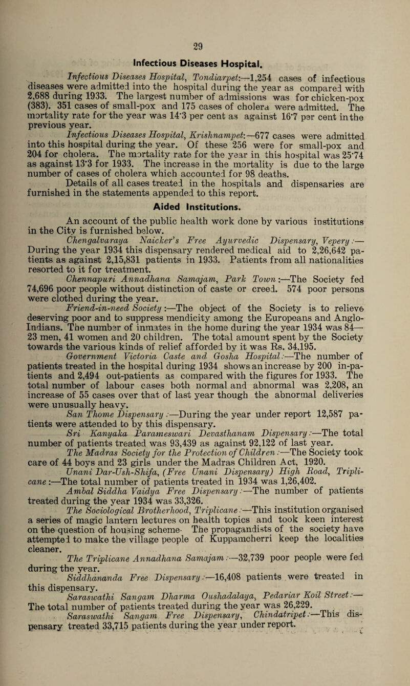 Infectious Diseases Hospital. Infectious Diseases Hospital, Tondiarpet:—1,254 cases of infectious diseases were admitted into the hospital during the year as compared with 2,688 during 1933. The largest number of admissions was for chicken-pox (383). 351 cases of small-pox and 175 cases of cholera were admitted. The mortality rate for the year was 14‘3 per cent a3 against 167 p9r cent in the previous year. Infectious Diseases Hospital, Krishnampet:—677 cases were admitted into this hospital during the year. Of these 256 were for small-pox and 204 for cholera. The mortality rate for the year in this hospital was 2574 as against 13*3 for 1933. The increase in the mortality is due to the large number of cases of cholera which accounted for 98 deaths. Details of all cases treated in the hospitals and dispensaries are furnished in the statements appended to this report. Aided Institutions. An account of the public health work done by various institutions in the City is furnished below. Chengalvaraya Naicher's Free Ayurvedic Dispensary, Vepery:— During the year 1934 this dispensary rendered medical aid to 2,26,642 pa¬ tients as against 2,15,831 patients in 1933. Patients from all nationalities resorted to it for treatment. Chennapuri Annadhana Samajam, Park Town:—The Society fed 74,696 poor people without distinction of caste or creed. 574 poor persons were clothed during the year. Friend-in-need Society:—The object of the Society is to relieve deserving poor and to suppress mendicity among the Europeans and Anglo- Indians. The number of inmates in the home during the year 1934 was 84— 23 men, 41 women and 20 children. The total amount spent by the Society towards the various kinds of relief afforded by it was Rs. 34,195. Government Victoria Caste and, Goslia Hospital:—The number of patients treated in the hospital during 1934 shows an increase by 200 in-pa¬ tients and 2,494 out-patients as compared with the figures for 1933. The total number of labour cases both normal and abnormal was 2,208, an increase of 55 cases over that of last year though the abnormal deliveries were unusually heavy. San Thome Dispensary :—During the year under report 12,587 pa¬ tients were attended to by this dispensary. Sri Kanyaha Parameswari Devasthanam Dispensary:—The total number of patients treated was 93,439 as against 92,122 of last year. The Madras Society for the Protection of Children:—The Society took care of 44 boys and 23 girls under the Madras Children Act, 1920. Unani Dar-Ush-Shifa, (Free Unani Dispensary) High Boad, Tripli- cane :—The total number of patients treated in 1934 was 1,26,402. Ambal Siddha Vaidya Free Dispensary:—The number of patients treated during the year 1934 was 33,326. The Sociological Brotherhood, Triplicane:—This institution organised a series of magic lantern lectures on health topics and took keen interest on the question of housing scheme- The propagandists of the society have attempted to make the village people of Kuppamcherri keep the localities cleaner. The Triplicane Annadhana Samajam.—32,739 poor people were fed during the year. Siddhananda Free Dispensary:—16,408 patients were treated in this dispensary. Saraswathi Sangam Dhamna Oushadalaya, Pedariar Boil Street: The total number of patients treated during the year was 26,229. Saraswathi Sangam Free Dispensary, Chindatripet: This dis¬ pensary treated 33,715 patients during the year under report.