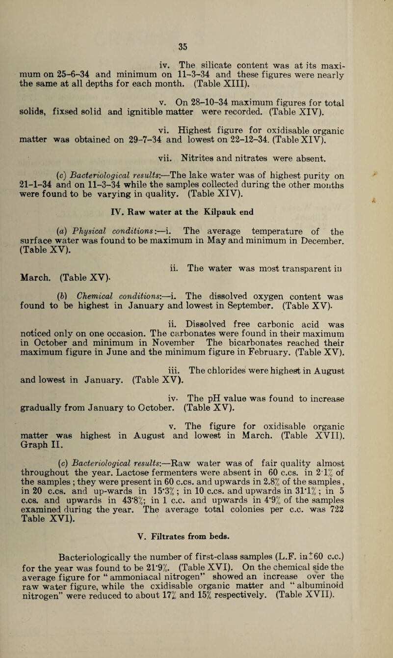 35 iv. The silicate content was at its maxi¬ mum on 25-6-34 and minimum on 11-3-34 and these figures were nearly the same at all depths for each month. (Table XIII). v. On 28-10-34 maximum figures for total solids, fixsed solid and ignitible matter were recorded. (Table XIV). vi. Highest figure for oxidisable organic matter was obtained on 29-7-34 and lowest on 22-12-34. (Table XIV). vii. Nitrites and nitrates were absent. (c) Bacteriological results'.—The lake water was of highest purity on 21-1-34 and on 11-3-34 while the samples collected during the other months were found to be varying in quality. (Table XIV). IV. Raw water at the Kilpauk end (a) Physical conditions:—i. The average temperature of the surface water was found to be maximum in May and minimum in December. (Table XV). ii. The water was most transparent in March. (Table XV). (5) Chemical conditions:—i. The dissolved oxygen content was found to be highest in January and lowest in September. (Table XV). ii. Dissolved free carbonic acid was noticed only on one occasion. The carbonates were found in their maximum in October and minimum in November The bicarbonates reached their maximum figure in June and the minimum figure in February. (Table XV). iii. The chlorides were highest in August and lowest in January. (Table XV). iv. The pH value was found to increase gradually from January to October. (Table XV). v. The figure for oxidisable organic matter was highest in August and lowest in March. (Table XVII). Graph II. (c) Bacteriological results:—Raw water was of fair quality almost throughout the year. Lactose fermenters were absent in 60 c.cs. in 2*1% of the samples ; they were present in 60 c.cs. and upwards in 2.8% of the samples, in 20 c.cs. and up-wards in 15*3% ; in 10 c.cs. and upwards in 31*1% ; in 5 c.cs. and upwards in 43*8%; in 1 c.c. and upwards in 4*9% of the samples examined during the year. The average total colonies per c.c. was 722 Table XVI). V. Filtrates from beds. Bacteriologically the number of first-class samples (L.F. in^60 c.c.) for the year was found to be 21*9%. (Table XVI). On the chemical side the average figure for “ ammoniacal nitrogen” showed an increase over the raw water figure, while the oxidisable organic matter and “ albuminoid