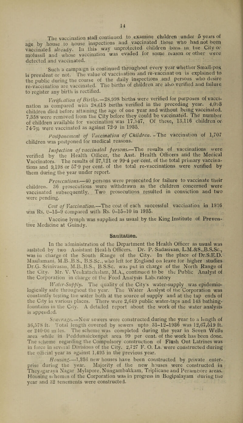 The vaccination staff continued to examine children under 5 years of a^e by house to house inspections and vaccinated those who had not been vaccinated already. In this way unprotected children born in tue City Oi mofussil and whose vaccination was evaded for some reason or other were detected and vaccinated. Such a campaign is continued throughout every year whether Small-pox is prevalent or not. The value of vaccination and re-vaccinat on is explained to the public during the course of the daily inspections and persons who desire re-vaccination are vaccinated. The births of children are also verified and failure to register any birth is rectified. Verification of Births.—28,998 births were verified for purposes of vacci¬ nation as compared with 2$,618 births verified in the preceding year. 4,(03 children died before attaining the age of one year and without being vaccinated. 7.358 were removed from the City before they could be vaccinated. The number of children available for vaccination was 17,54/. Of these, 15,116 children or 74-7^0 were vaccinated as against 72*9 in 1935. Postponement of Vaccination of Children.-The vaccination of 1,707 children was postponed for medical reasons. Inspection of vaccinated persons.—The results of vaccinations were verified by the Health Officer, the Asst. Health Officers and the Medical Vaccinators. The results of 27,121 or 99*4 per cent, of the total primary vaccina¬ tions and 9,198 or 57-9 per cent, of the total re-vaccinations were verified by them during the year under report. Prosecutions.—40 persons were prosecuted for failure to vaccinate their children. 36 prosecutions were withdrawn as the children concerned were vaccinated subsequently. Two prosecutions resulted in conviction and two were pending. Cost of Vaccination.—The cost of each successful vaccination in 1936 was Rs. 6-15-9 Compared with Rs. 0-15-10 in 1935. Vaccine lymph was supplied as usual by the King Institute of Preven¬ tive Medicine at Guindy. Sanitation. In the administration of the Department the Health Officer as usual was assisted by two Assistant Healdi Officers. Dr. P. Sadasivan, L.M.&S*,B.S.Sc., was in charge ot the South Range of the City. In the place of Dr.S.E.D. Masilamani, M.B .B S., B.S-Sc., who left for England on leave for higher studies Dr.G. Srinivasan, M.B.,B.S.. B S.Sc. was put in charge of the North Range of the City. Mr. V. Venkatachalam, M.A., continued to be the Public Analyst of the Corporation in charge of the Food Analysis Laberatory Water-Supply. The quality of the City's water-supply was epidemio- logicaliy safe througUout the year. The Water Analyst of the Corporation was constantly testing the water both at the source of supply and at the tap ends of the City in various places. There were 2,649 public water-taps and 143 bathing- fountains in the City. A detailed report about the work of the water analysis is appended. Sewerage. — New sewers were constructed during the year to a length of 36,578 ft. Total length covered by sewers upto 31-12-1936 was 12,67,519 ft. or 240 06 m les. The scheme was completed during the year in Seven Wells area while in Peddunaickenpet area 99 per cent, of the work has been done. Tne scheme regarding the Compulsory construction of Flush Out Latrines was in force in sevcial Divisions of the City. 2,727 F. O. Ls, were constructed during the official year as against 1,495 in the previous year. Housing.—1,336 new houses have been constructed by private enter¬ prise during the year. Majority of the new houses were constructed in They‘garaya Nagar Mylapore, Nungambakkam, Triplicane and Perambore areas. Housing schemes of the Corporation was in progress in Bogipalayam during tue year and 32 tenements were constructed.