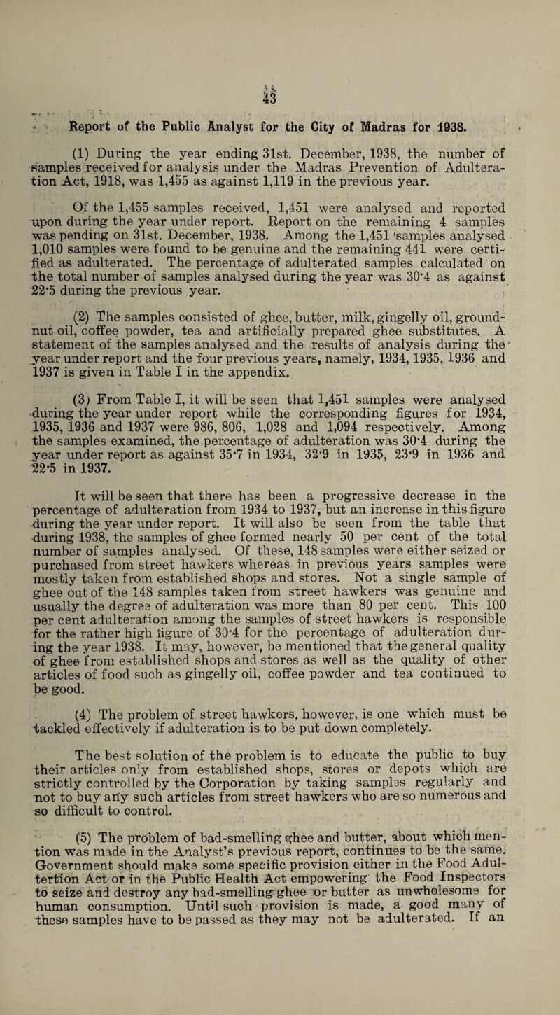 Report of the Public Analyst for the City of Madras for 1938. (1) During the year ending 31st. December, 1938, the number of samples received for analysis under the Madras Prevention of Adultera¬ tion Act, 1918, was 1,455 as against 1,119 in the previous year. Of the 1,455 samples received, 1,451 were analysed and reported upon during the year under report. Report on the remaining 4 samples was pending on 31st. December, 1938. Among the 1,451 'samples analysed 1,010 samples were found to be genuine and the remaining 441 were certi¬ fied as adulterated. The percentage of adulterated samples calculated on the total number of samples analysed during the year was 30*4 as against 22*5 during the previous year. (2) The samples consisted of ghee, butter, milk, gingelly oil, ground¬ nut oil, coffee powder, tea and artificially prepared ghee substitutes. A statement of the samples analysed and the results of analysis during the/ year under report and the four previous years, namely, 1934,1935, 1936 and 1937 is given in Table I in the appendix. (3) From Table I, it will be seen that 1,451 samples were analysed during the year under report while the corresponding figures for 1934, 1935, 1936 and 1937 were 986, 806, 1,028 and 1,094 respectively. Among the samples examined, the percentage of adulteration was 30'4 during the year under report as against 35*7 in 1934, 32*9 in 1935, 23*9 in 1936 and 22*5 in 1937. It will be seen that there has been a progressive decrease in the percentage of adulteration from 1934 to 1937, but an increase in this figure during the year under report. It will also be seen from the table that during 1938, the samples of ghee formed nearly 50 per cent of the total number of samples analysed. Of these, 148 samples were either seized or purchased from street hawkers whereas in previous years samples were mostly taken from established shops and stores. Not a single sample of ghee out of the 148 samples taken from street hawkers was genuine and usually the degree of adulteration was more than 80 per cent. This 100 per cent adulteration among the samples of street hawkers is responsible for the rather high figure of 30*4 for the percentage of adulteration dur¬ ing the year 1938. It may, however, be mentioned that the general quality of ghee from established shops and stores as well as the quality of other articles of food such as gingelly oil, coffee powder and tea continued to be good. (4) The problem of street hawkers, however, is one which must be tackled effectively if adulteration is to be put down completely. The best solution of the problem is to educate the public to buy their articles only from established shops, stores or depots which are strictly controlled by the Corporation by taking samples regularly and not to buy any such articles from street hawkers who are so numerous and so difficult to control. (5) The problem of bad-smelling ghee and butter, about which men¬ tion was made in the Analyst’s previous report, continues to be the same. Government should make some specific provision either in the Food Adul- tertion Act or in the Public Health Act empowering the Food Inspectors to seize and destroy any bad-smelling ghee or butter as unwholesome for human consumption. Until such provision is made, a good many of these samples have to be passed as they may not be adulterated. If an