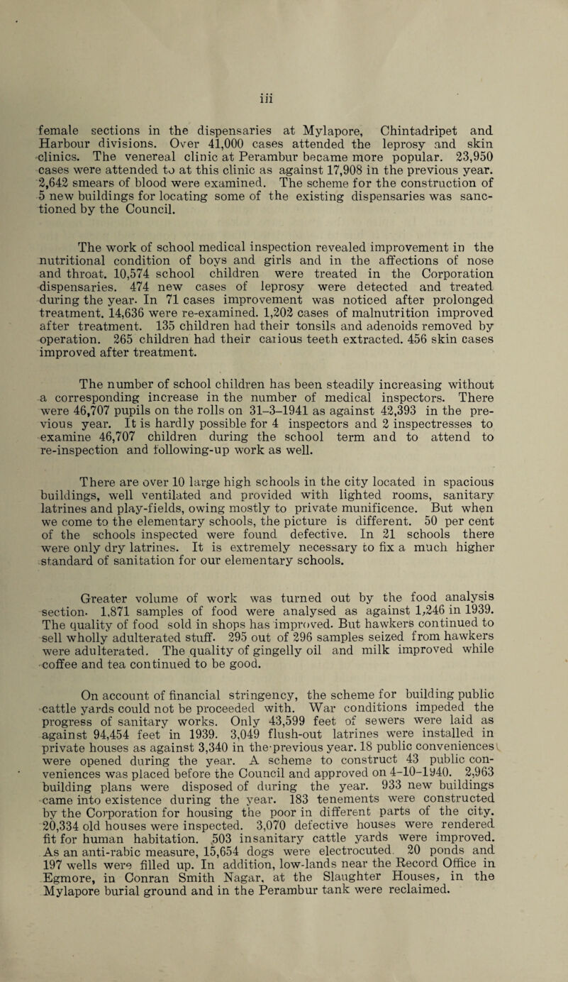 female sections in the dispensaries at Mylapore, Chintadripet and Harbour divisions. Over 41,000 cases attended the leprosy and skin clinics. The venereal clinic at Perambur became more popular. 23,950 cases were attended to at this clinic as against 17,908 in the previous year. 2,642 smears of blood were examined. The scheme for the construction of 5 new buildings for locating some of the existing dispensaries was sanc¬ tioned by the Council. The work of school medical inspection revealed improvement in the nutritional condition of boys and girls and in the affections of nose and throat. 10,574 school children were treated in the Corporation dispensaries. 474 new cases of leprosy were detected and treated during the year. In 71 cases improvement was noticed after prolonged treatment. 14,636 were re-examined. 1,202 cases of malnutrition improved after treatment. 135 children had their tonsils and adenoids removed by operation. 265 children had their caiious teeth extracted. 456 skin cases improved after treatment. The number of school children has been steadily increasing without a corresponding increase in the number of medical inspectors. There were 46,707 pupils on the rolls on 31-3-1941 as against 42,393 in the pre¬ vious year. It is hardly possible for 4 inspectors and 2 inspectresses to examine 46,707 children during the school term and to attend to re-inspection and following-up work as well. There are over 10 large high schools in the city located in spacious buildings, well ventilated and provided with lighted rooms, sanitary latrines and play-fields, owing mostly to private munificence. But when we come to the elementary schools, the picture is different. 50 per cent of the schools inspected were found defective. In 21 schools there were only dry latrines. It is extremely necessary to fix a much higher standard of sanitation for our elementary schools. Greater volume of work was turned out by the food analysis section. 1,871 samples of food were analysed as against 1,246 in 1939. The quality of food sold in shops has improved. But hawkers continued to sell wholly adulterated stuff. 295 out of 296 samples seized from hawkers were adulterated. The quality of gingelly oil and milk improved while coffee and tea continued to be good. On account of financial stringency, the scheme for building public cattle yards could not be proceeded with. War conditions impeded the progress of sanitary works. Only 43,599 feet of sewers were laid as against 94,454 feet in 1939. 3,049 flush-out latrines were installed in private houses as against 3,340 in the-previous year. 18 public conveniences were opened during the year. A scheme to construct 43 public con¬ veniences was placed before the Council and approved on 4-10-ly40. 2,963 building plans were disposed of during the year. 933 new buildings came into existence during the year. 183 tenements were constructed by the Corporation for housing the poor in different parts of the city. 20,334 old houses were inspected. 3,070 defective houses were rendered fit for human habitation. 503 insanitary cattle yards were improved. As an anti-rabic measure, 15,654 dogs were electrocuted. 20 ponds and 197 wells were filled up. In addition, low-lands near the Record Office in Egmore, in Conran Smith Nagar, at the Slaughter Houses, in the Mylapore burial ground and in the Perambur tank were reclaimed.