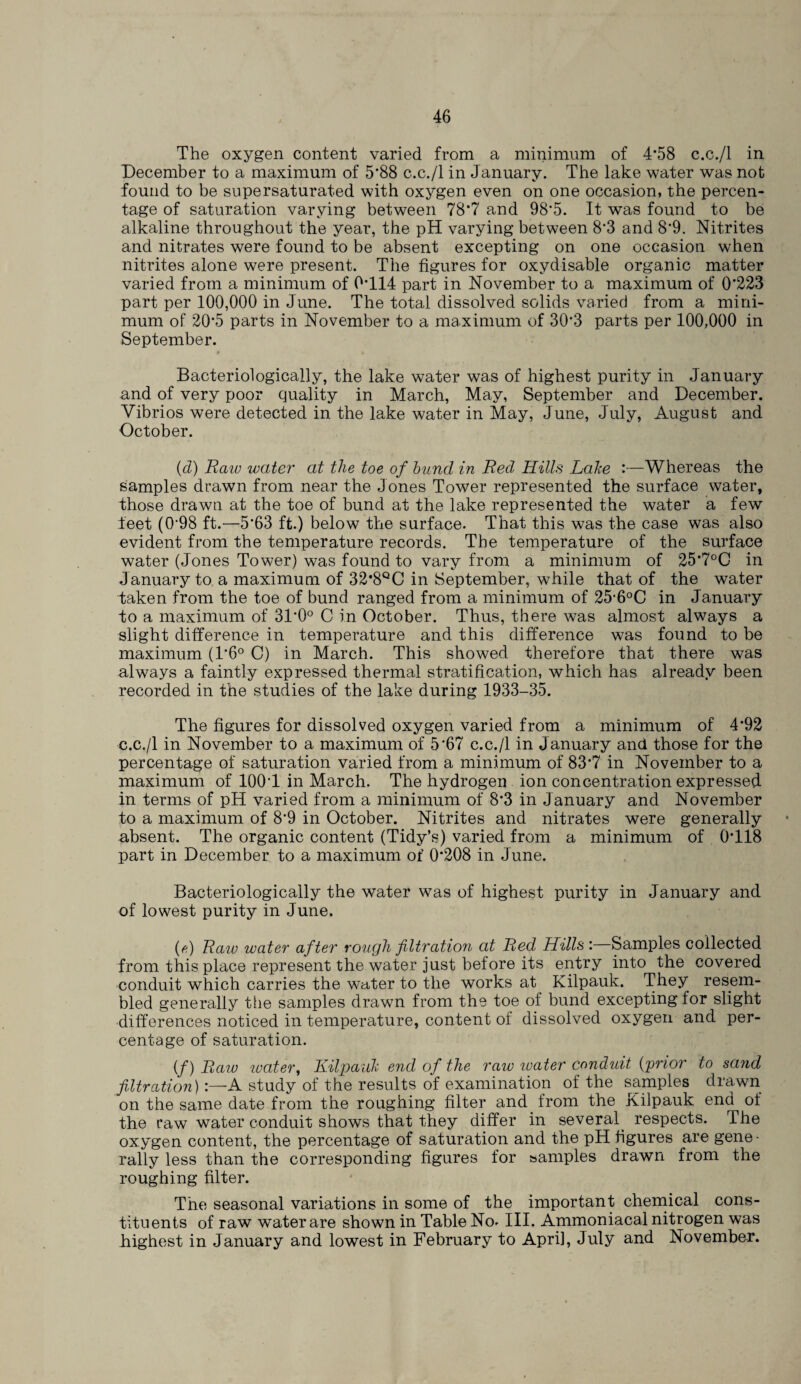 The oxygen content varied from a minimum of 4*58 c.c./l in December to a maximum of 5*88 c.c./l in January. The lake water was not found to be supersaturated with oxygen even on one occasion, the percen¬ tage of saturation varying between 78*7 and 98*5. It was found to be alkaline throughout the year, the pH varying between 8*3 and 8*9. Nitrites and nitrates were found to be absent excepting on one occasion when nitrites alone were present. The figures for oxydisable organic matter varied from a minimum of 0*114 part in November to a maximum of 0*223 part per 100,000 in June. The total dissolved solids varied from a mini¬ mum of 20*5 parts in November to a maximum of 30*3 parts per 100,000 in September. Bacteriologically, the lake water was of highest purity in January and of very poor quality in March, May, September and December. Vibrios were detected in the lake water in May, June, July, August and October. (d) Raw water at the toe of bund in Red Hills Lake :—Whereas the samples drawn from near the Jones Tower represented the surface water, those drawn at the toe of bund at the lake represented the water a few feet (0*98 ft.—5*63 ft.) below the surface. That this was the case was also evident from the temperature records. The temperature of the surface water (Jones Tower) was found to vary from a minimum of 25*7°C in January to a maximum of 32*8QC in September, while that of the water taken from the toe of bund ranged from a minimum of 2560C in January to a maximum of 31*0° C in October. Thus, there was almost always a slight difference in temperature and this difference was found to be maximum (1*6° C) in March. This showed therefore that there was always a faintly expressed thermal stratification, which has already been recorded in the studies of the lake during 1933-35. The figures for dissolved oxygen varied from a minimum of 4*92 c.c./l in November to a maximum of 5*67 c.c./l in January and those for the percentage of saturation varied from a minimum of 83*7 in November to a maximum of 100*1 in March. The hydrogen ion concentration expressed in terms of pH varied from a minimum of 8*3 in January and November to a maximum of 8*9 in October. Nitrites and nitrates were generally absent. The organic content (Tidy’s) varied from a minimum of 0*118 part in December to a maximum of 0*208 in June. Bacteriologically the water was of highest purity in January and of lowest purity in June. (?) Raw water after rough filtration at Red Hills :—Samples collected from this place represent the water just before its entry into the covered conduit which carries the water to the works at Kilpauk. They resem¬ bled generally the samples drawn from the toe of bund excepting for slight differences noticed in temperature, content of dissolved oxygen and per¬ centage of saturation. (/) Raw water, Kilpauk end of the raw water conduit (prior to sand filtration)A study of the results of examination of the samples drawn on the same date from the roughing filter and from the Kilpauk end of the raw water conduit shows that they differ in several respects. The oxygen content, the percentage of saturation and the pH figures are gene¬ rally less than the corresponding figures for samples drawn from the roughing filter. The seasonal variations in some of the important chemical cons¬ tituents of raw water are shown in Table No. III. Ammoniacal nitrogen was /highest in January and lowest in February to April, July and November.